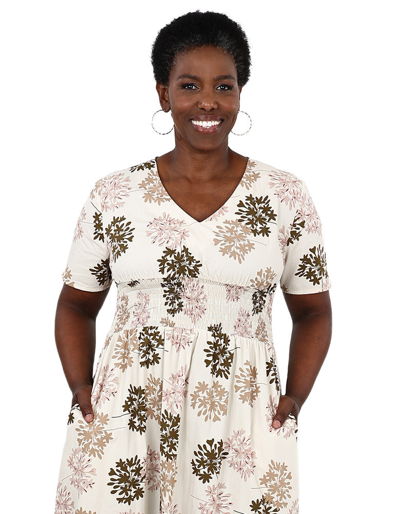 Short Sleeve Printed Smocked Waist Maxi Dress
