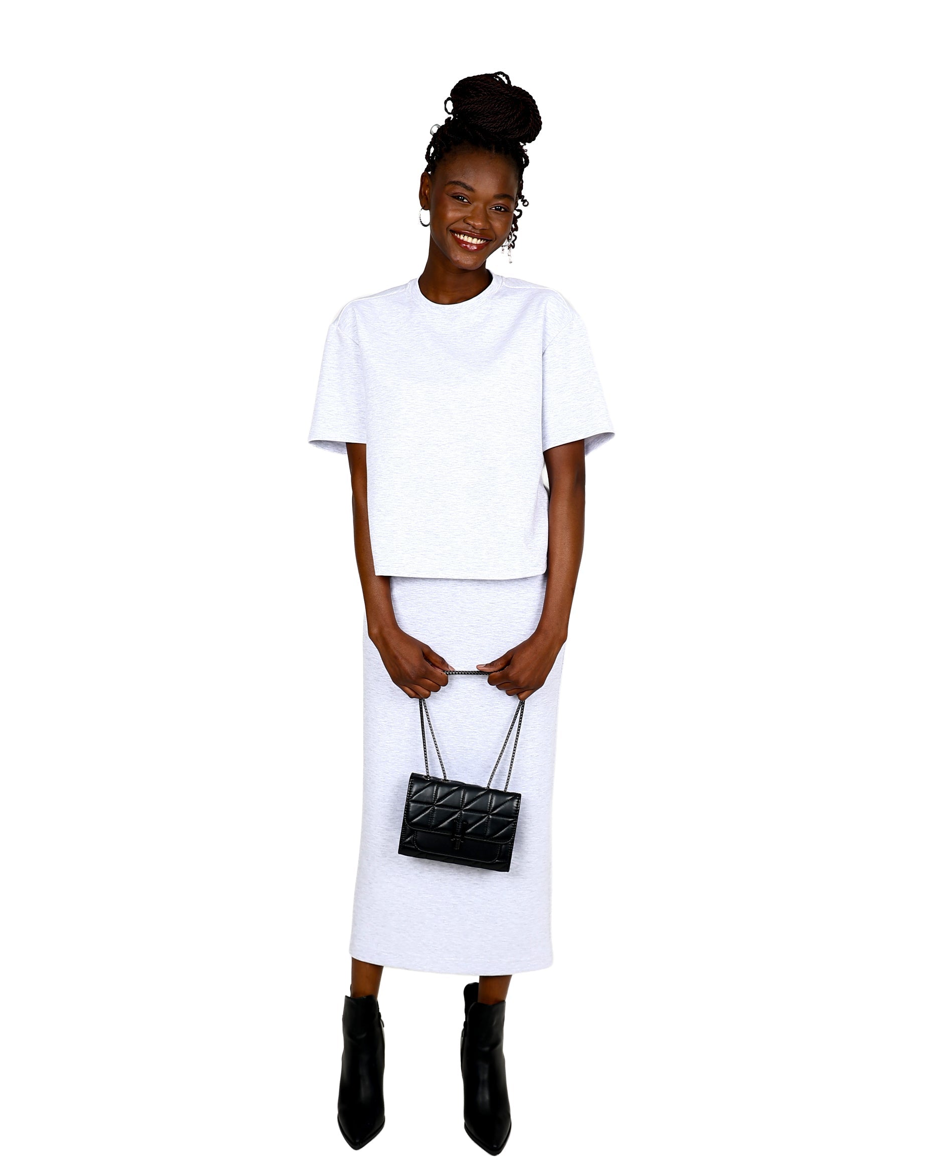 Grey Fitted Scuba Midi Skirt