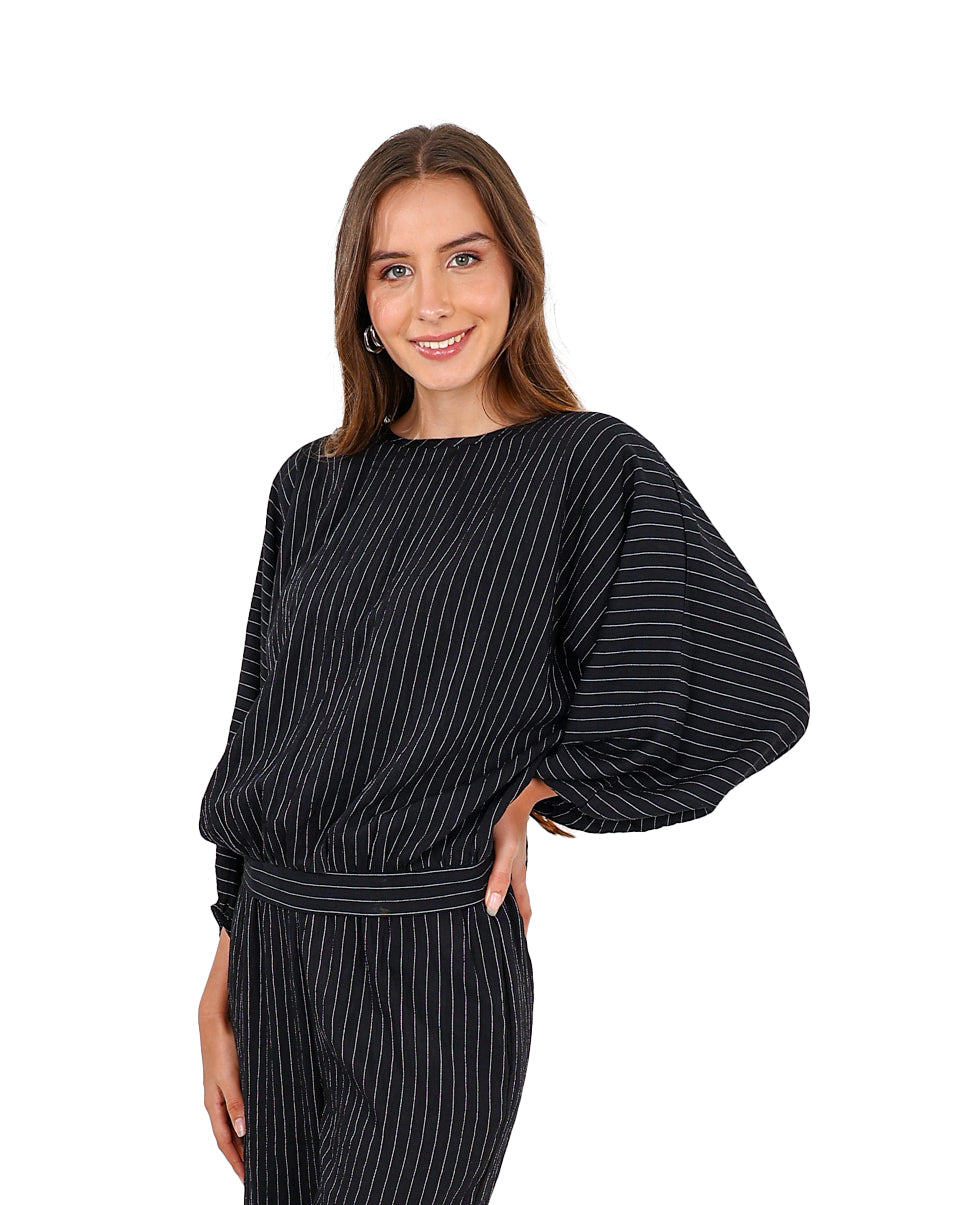 Long Sleeve Batwing Black Striped Blouse