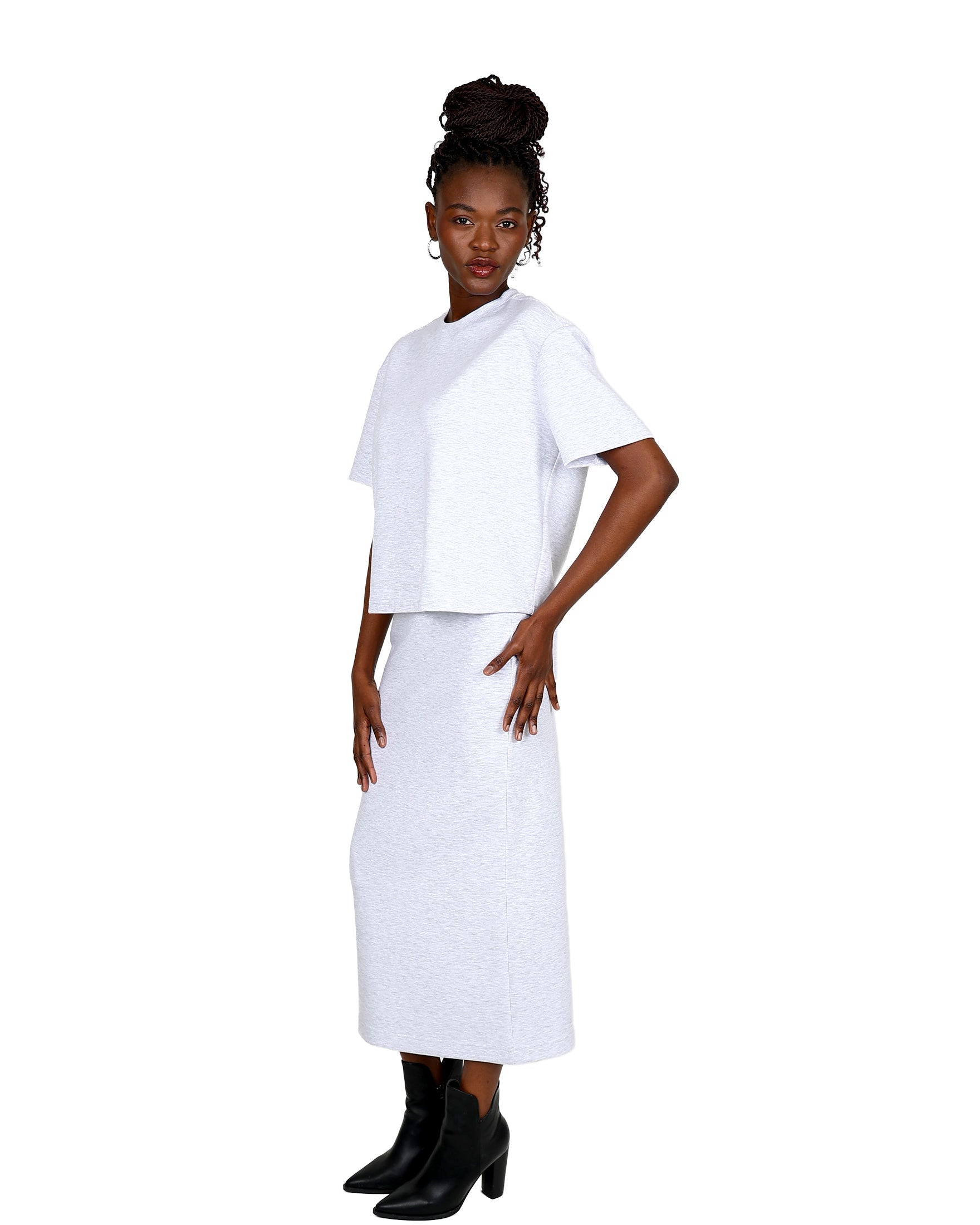 Grey Fitted Scuba Midi Skirt