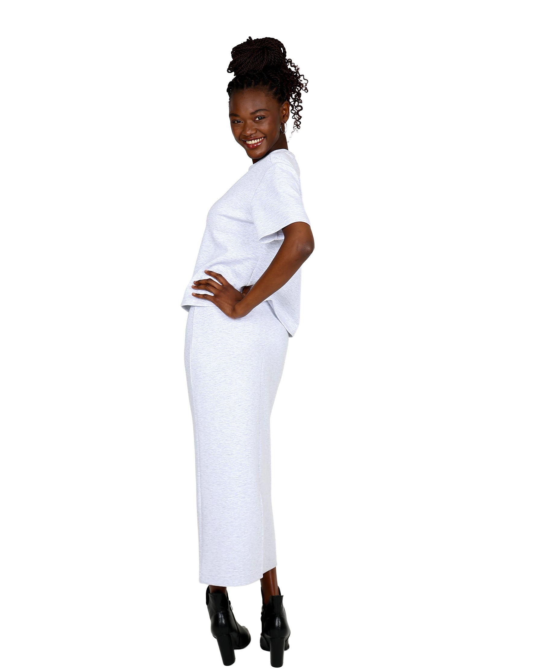 Grey Fitted Scuba Midi Skirt