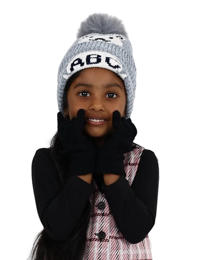 Grey ABC Teddy Plush Pompom Beanie