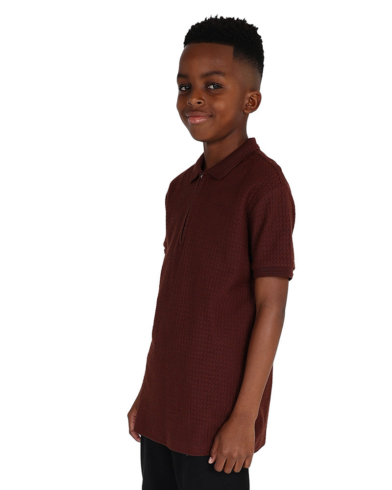 Short Sleeve Brown Zig Zag Jacquard Zip Up Golfer