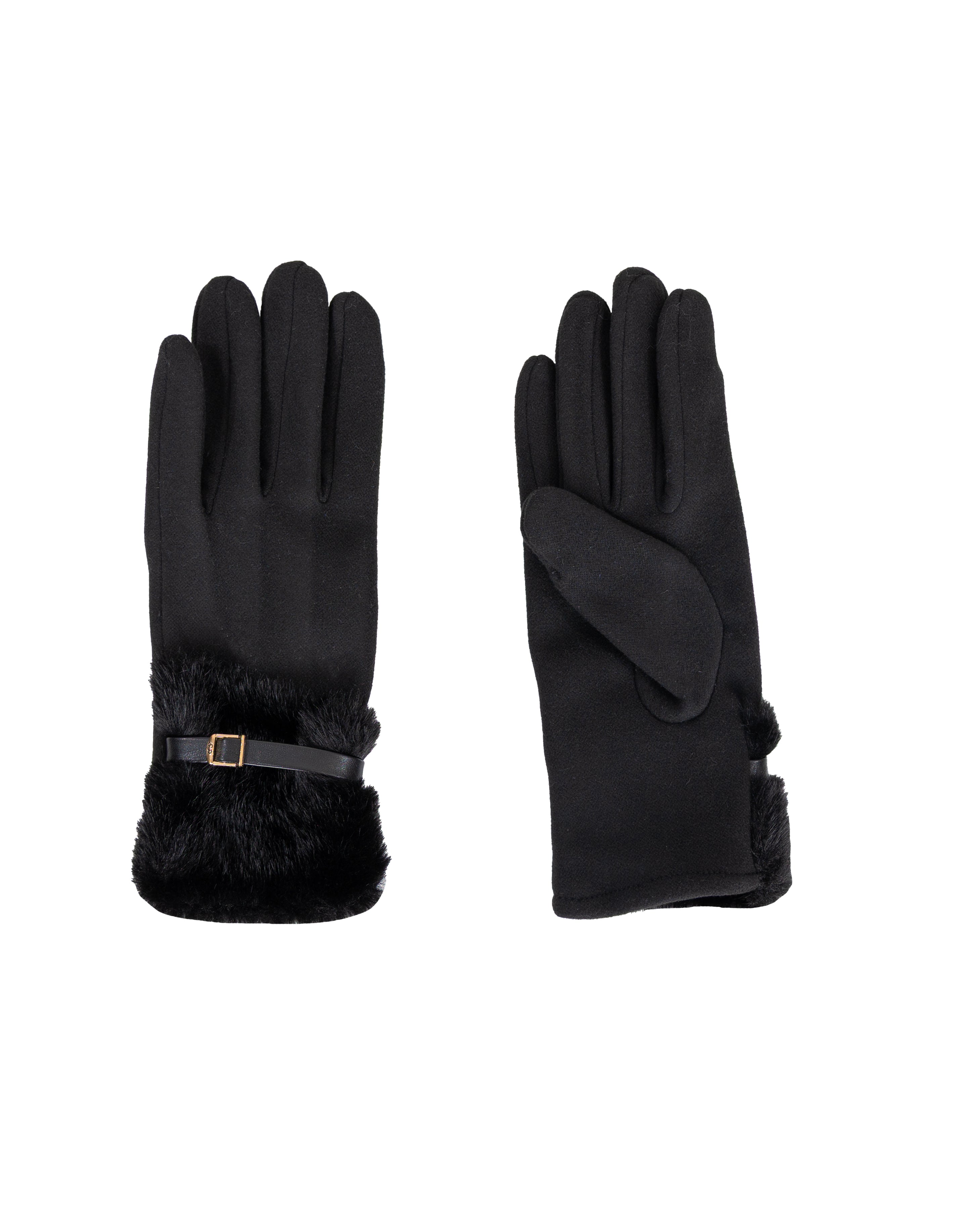 Black Faux Fur Trim Belted Cuff Gloves