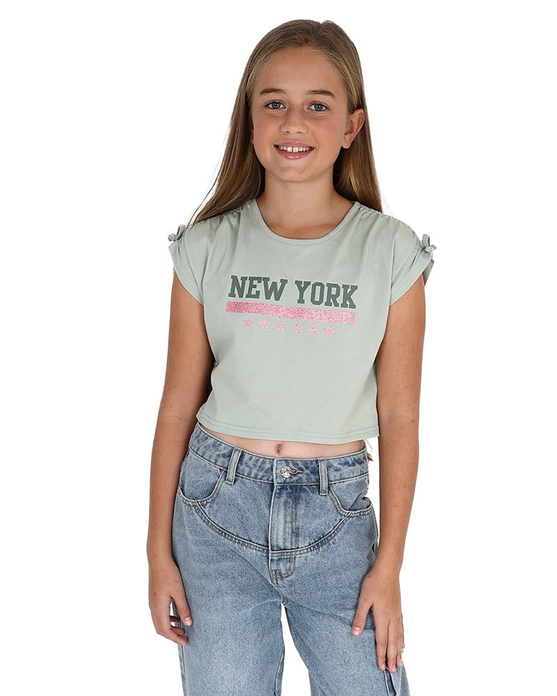 Cap Sleeve Sage New York Graphic Cropped T-Shirt