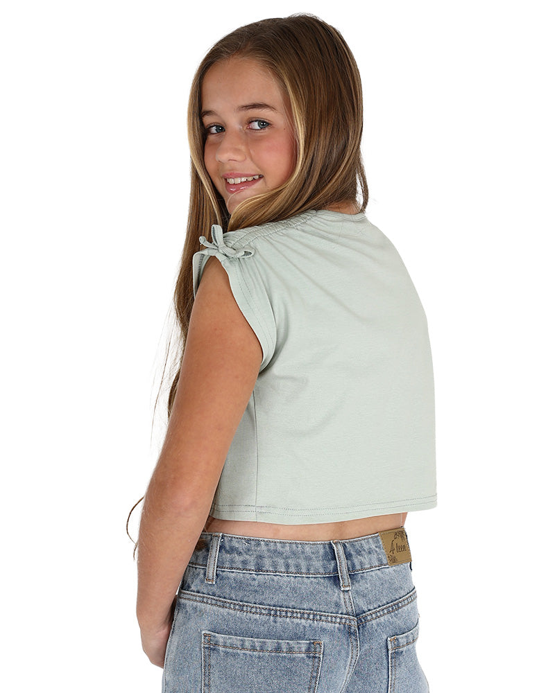 Cap Sleeve Sage New York Graphic Cropped T-Shirt