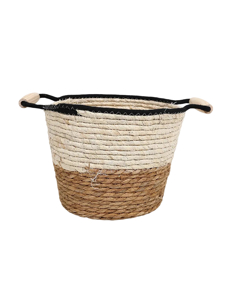 Natural Fibre Medium Two Tone Wooden Handle Basket