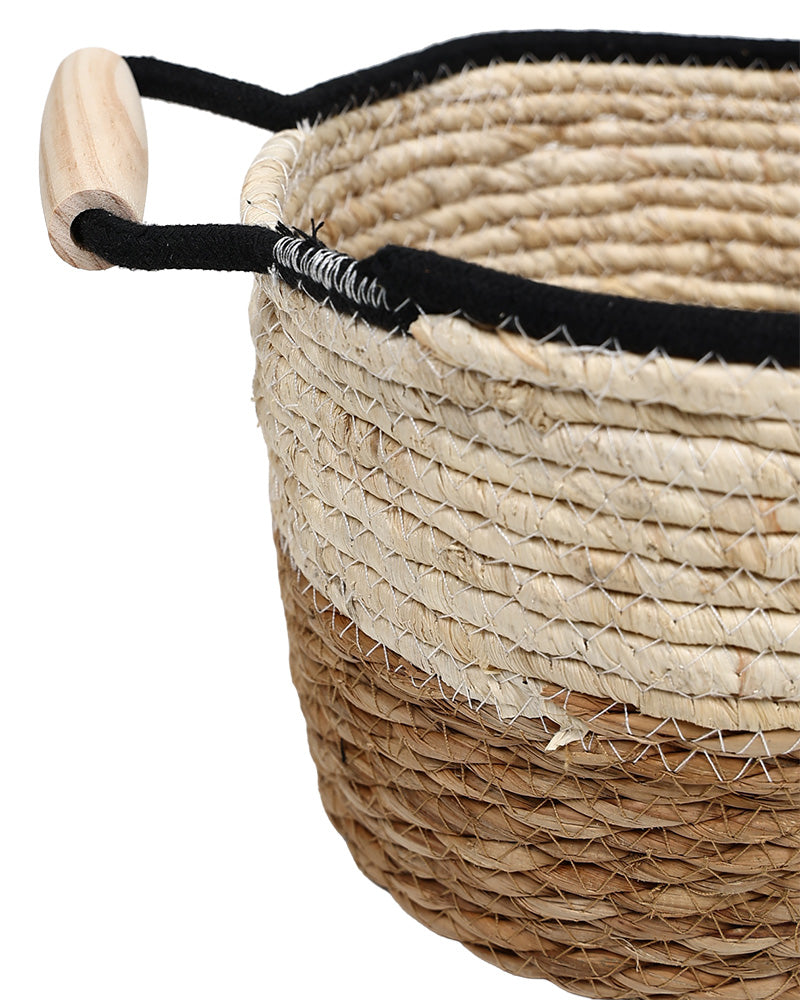 Natural Fibre Medium Two Tone Wooden Handle Basket