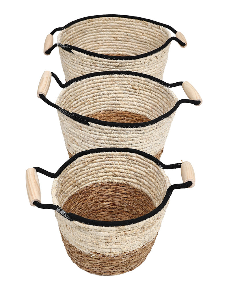 Natural Fibre Small Two Tone Wooden Handle Basket