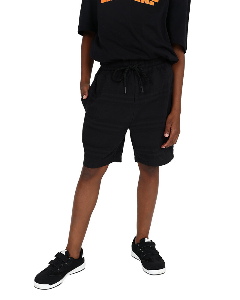 Black Textured Cotton Pull Up Shorts