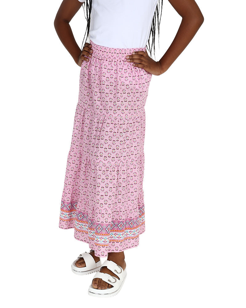 Border Print Pink Tiered Maxi Skirt