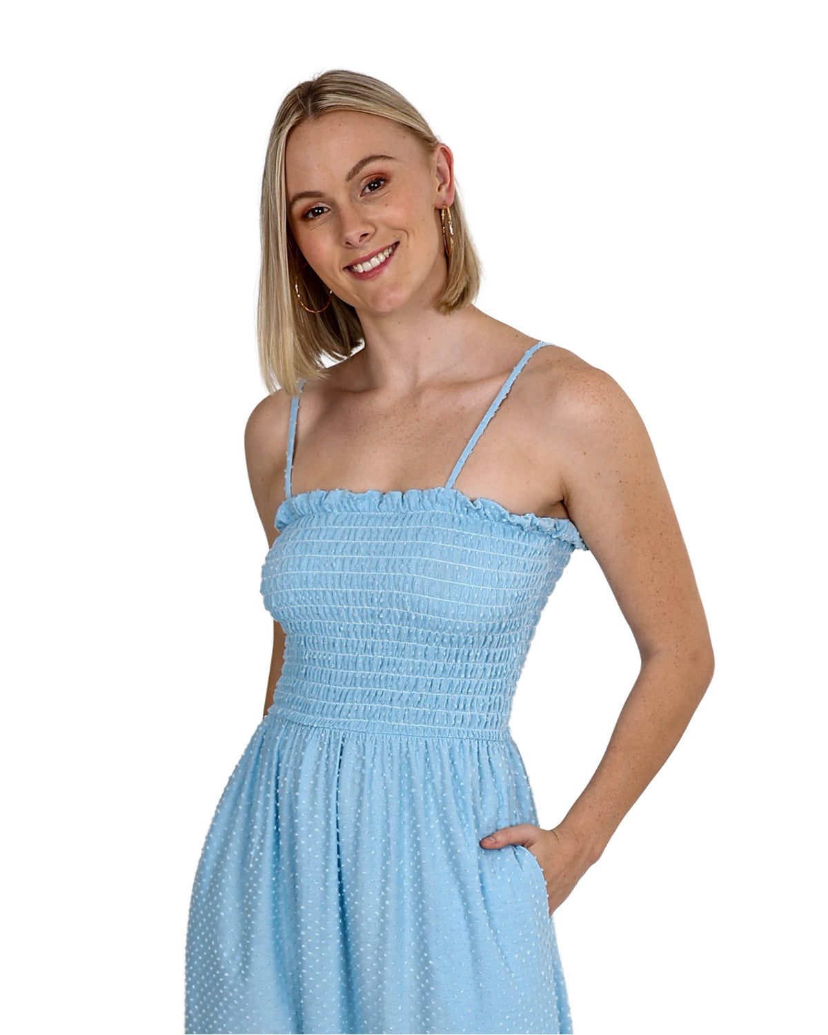 Blue Ruched Knit Strappy Maxi Dress
