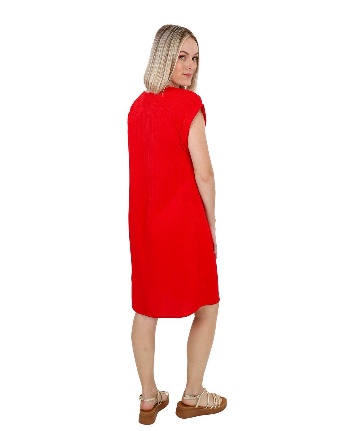 Red Short Sleeve Crinkle Shift Dress