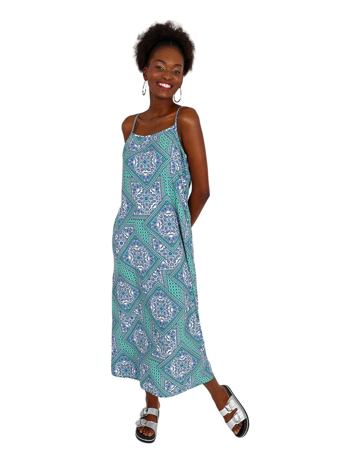 Blue Printed Strappy Maxi Dress