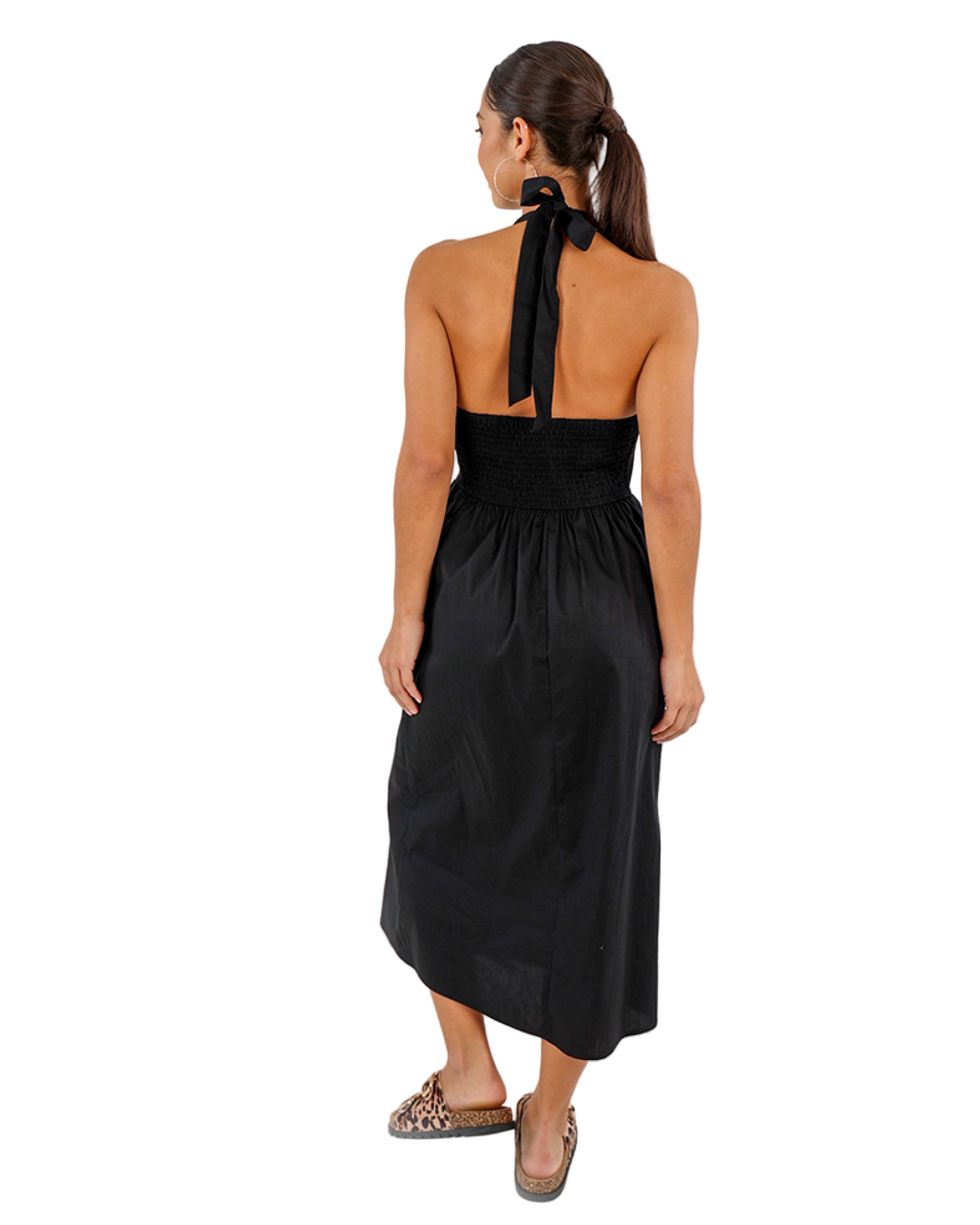 Black Halter Neck Shirred Back Midi Dress