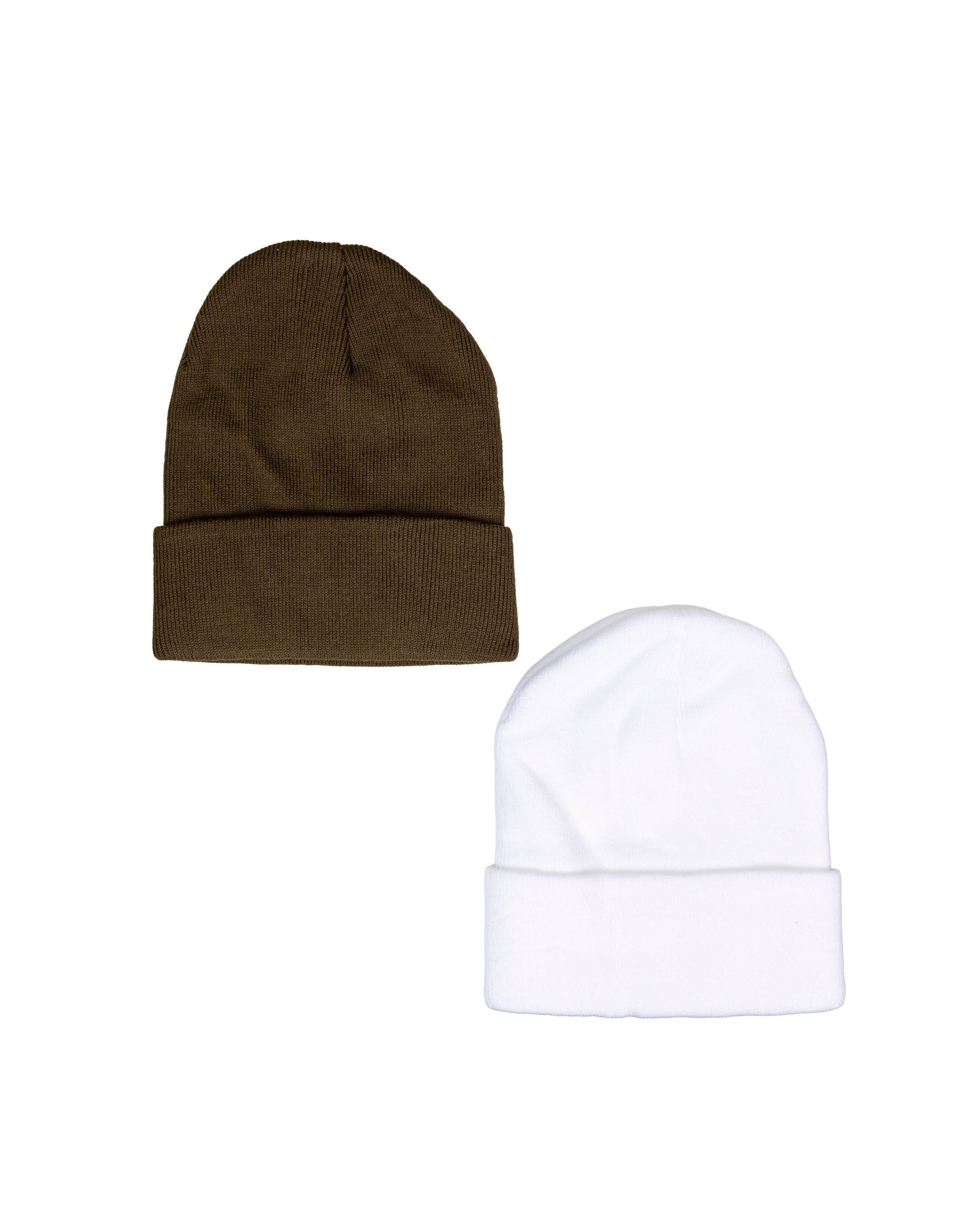 2 Pack White & Olive Knit Beanies