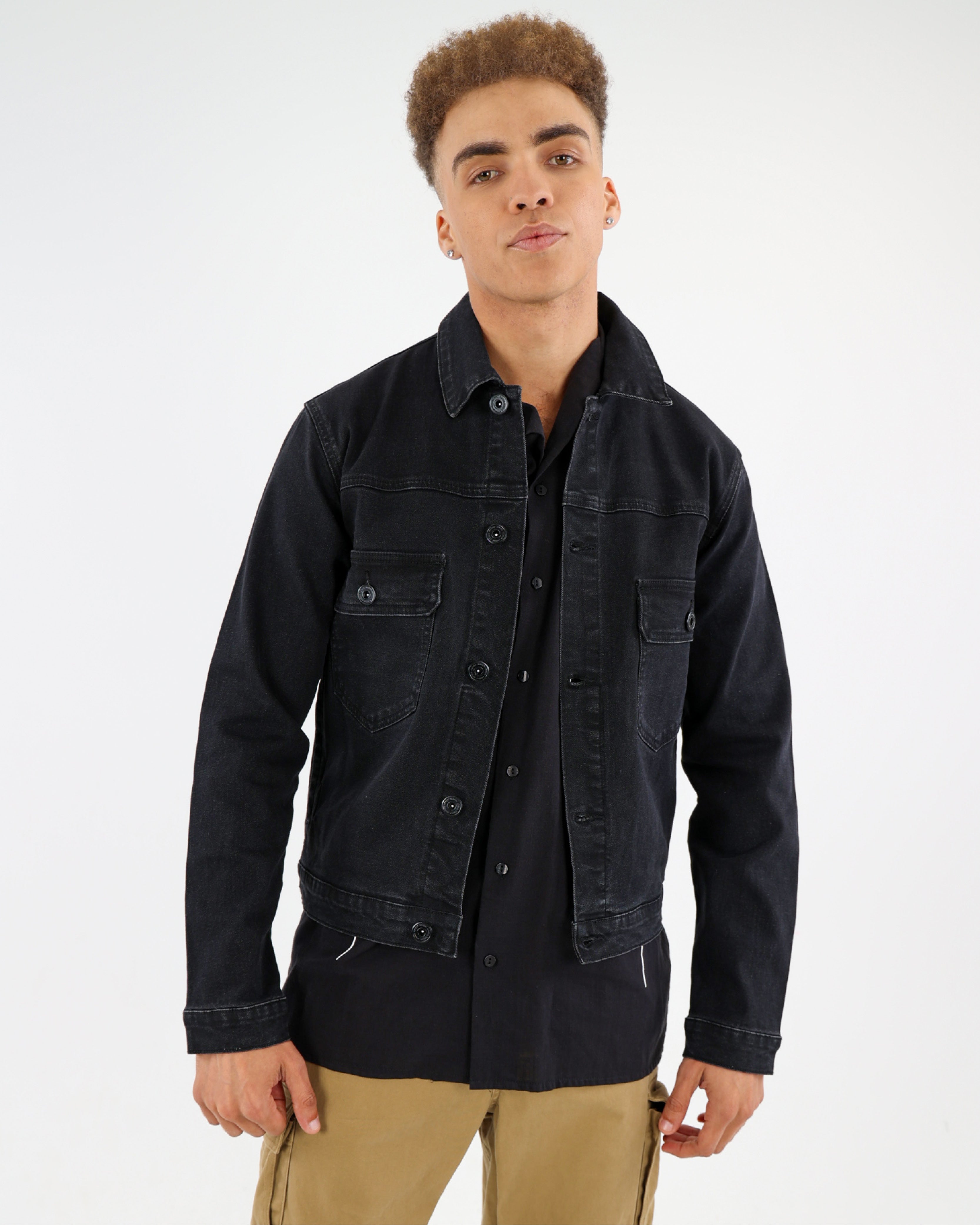 Black Styled Up Double Patch Pocket Denim Jacket