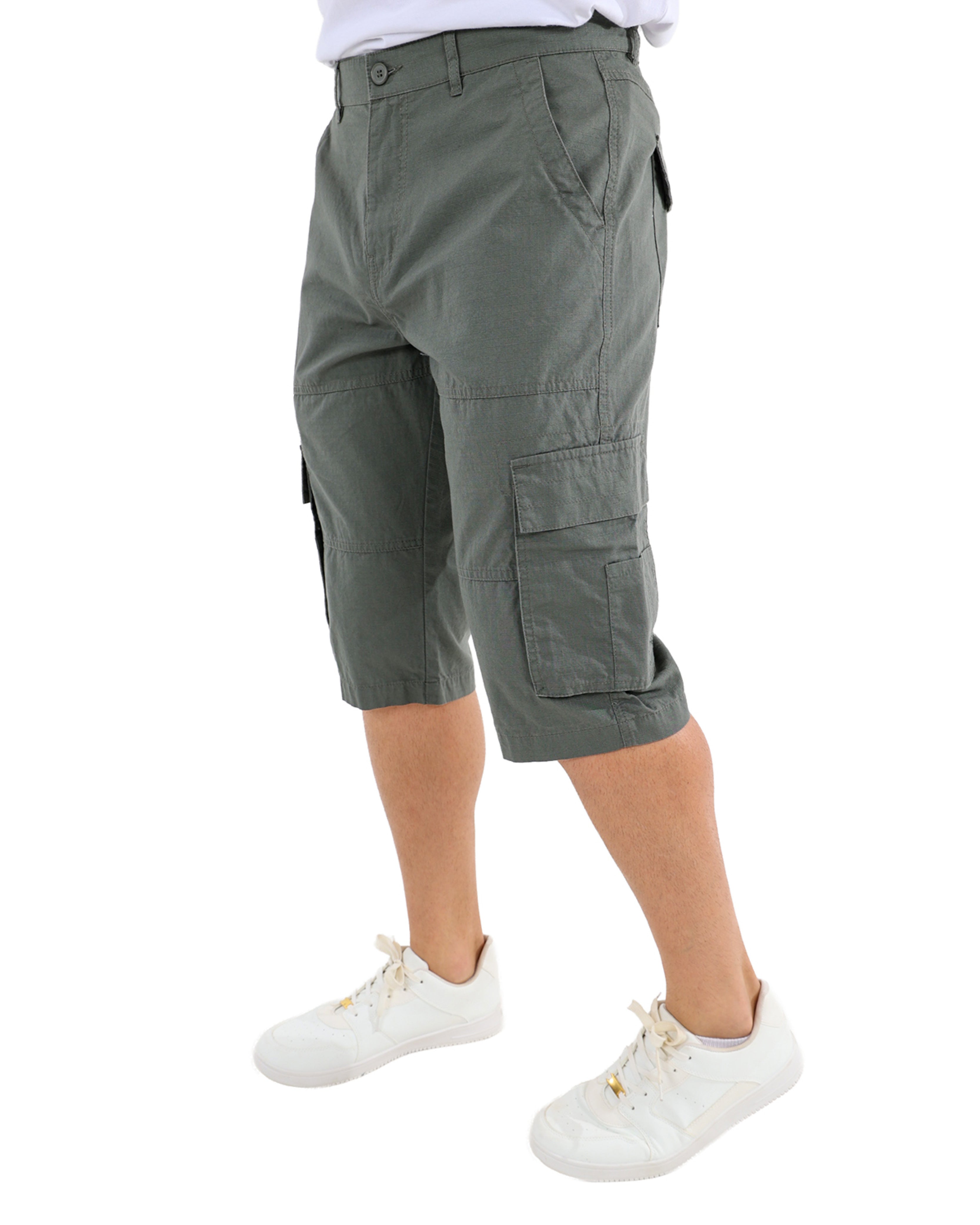 Cotton Ripstop Fatigue Clamdigger Shorts With Stitching Detail