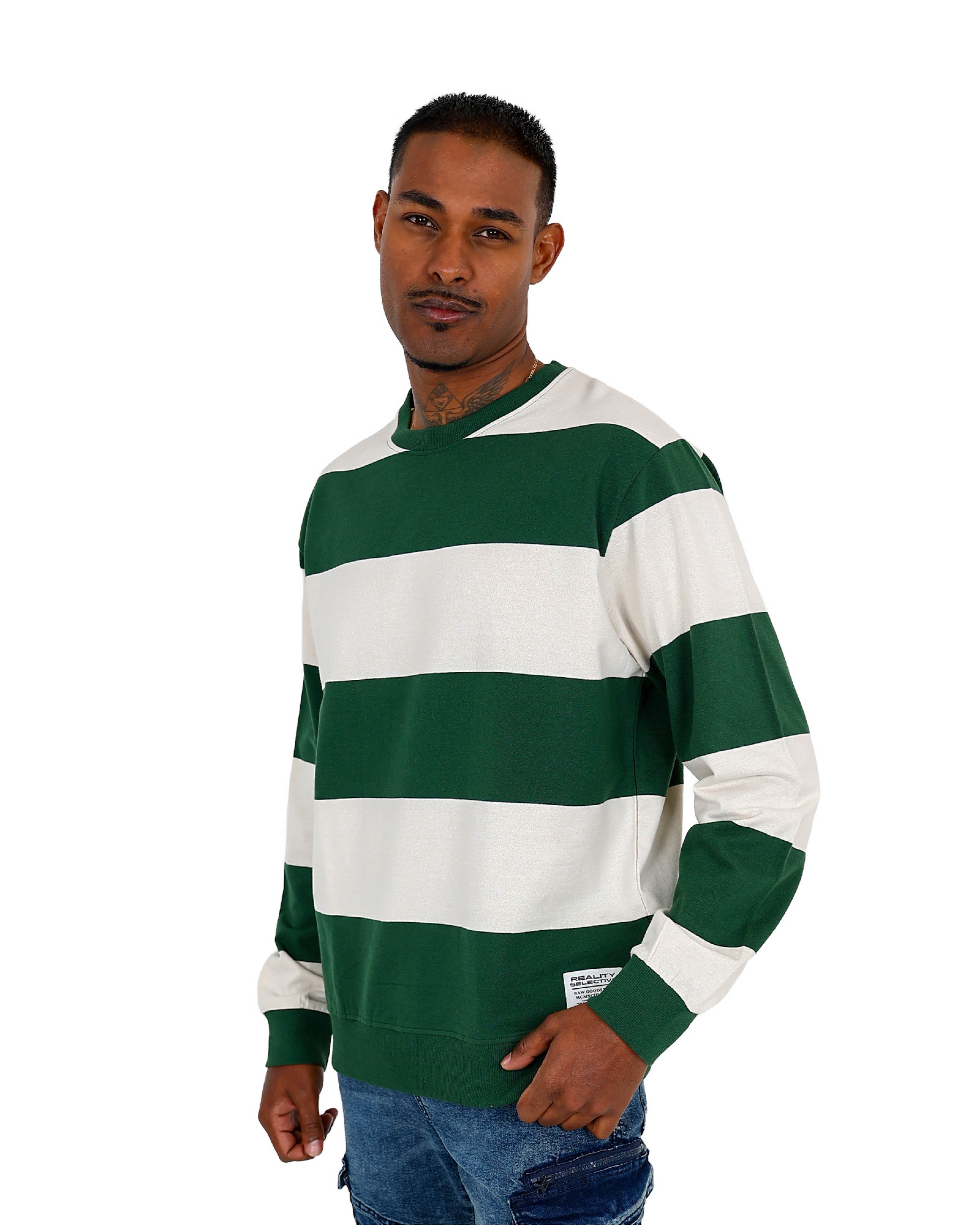 Long Sleeve Green Stripe Lightweight Fleece Pullover
