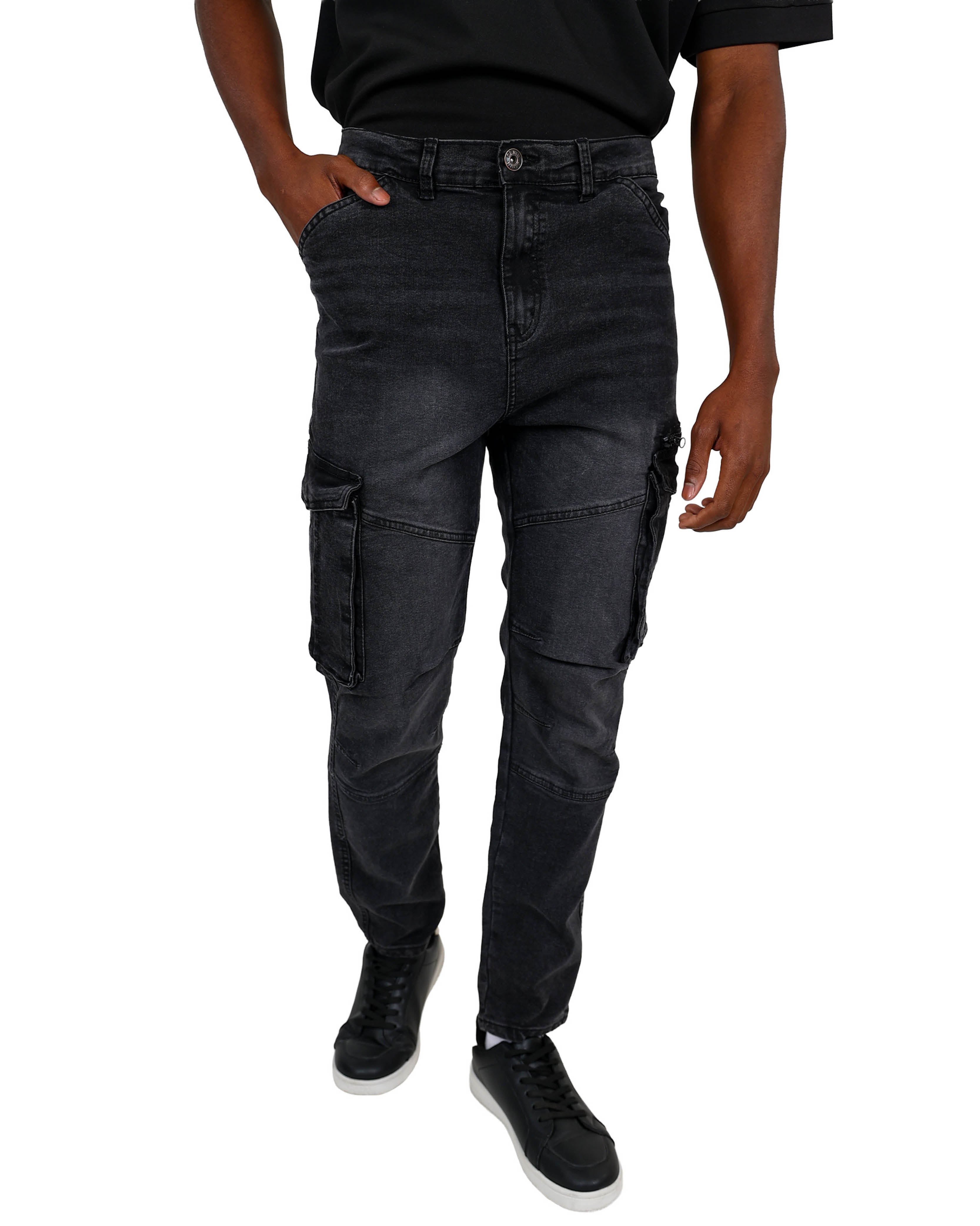 Black Acid Wash Skinny Fit Cargo Jeans