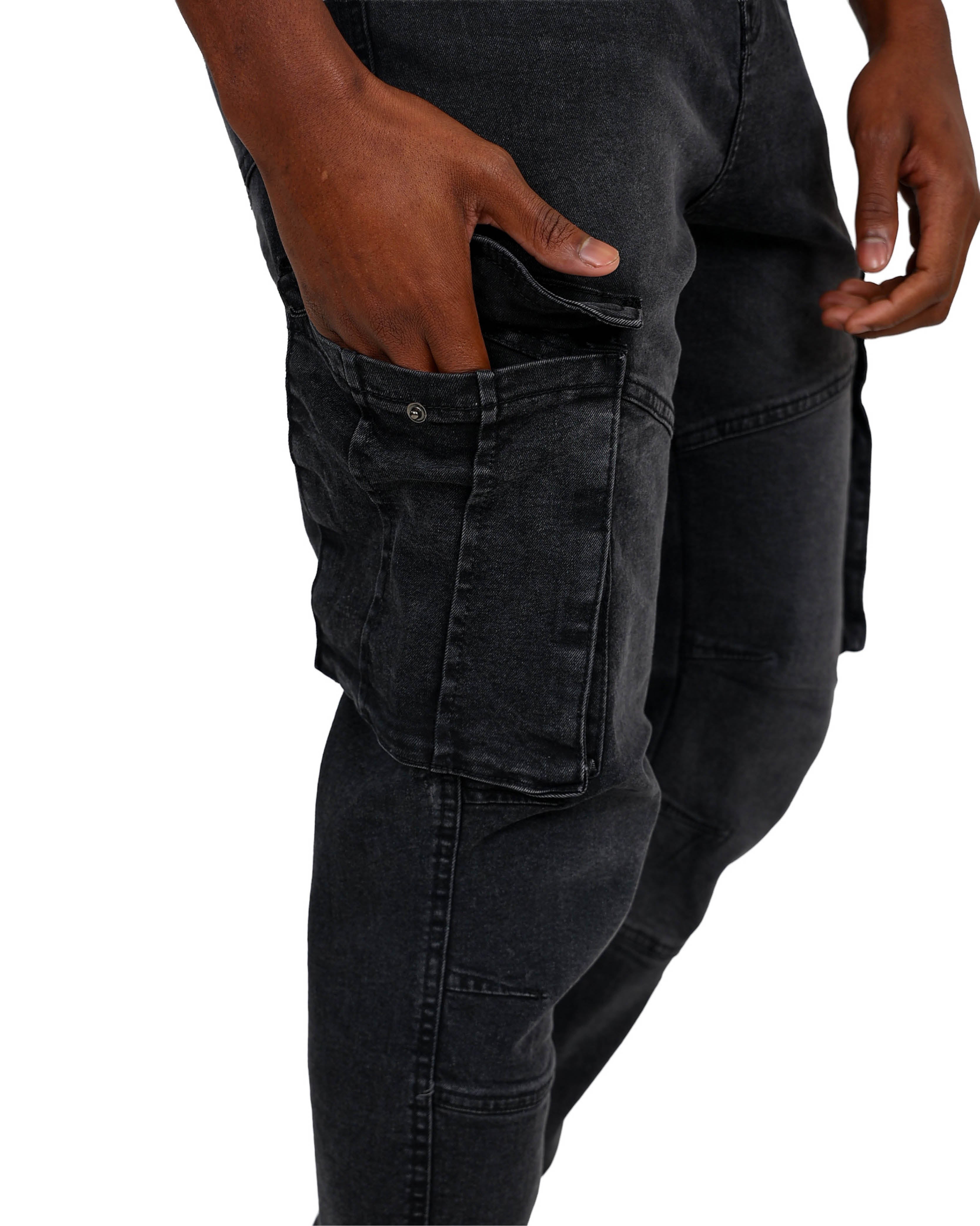Black Acid Wash Skinny Fit Cargo Jeans