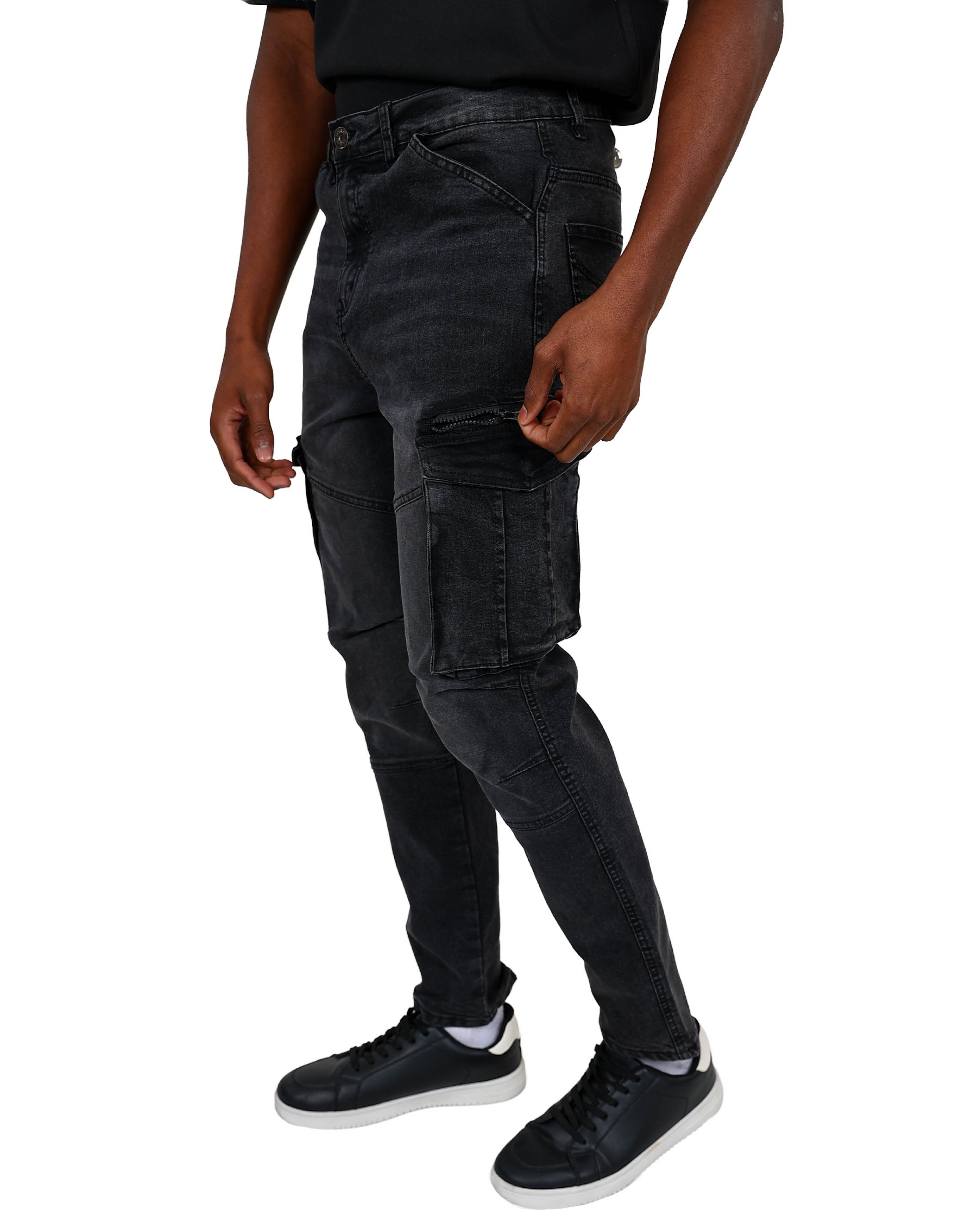 Black Acid Wash Skinny Fit Cargo Jeans