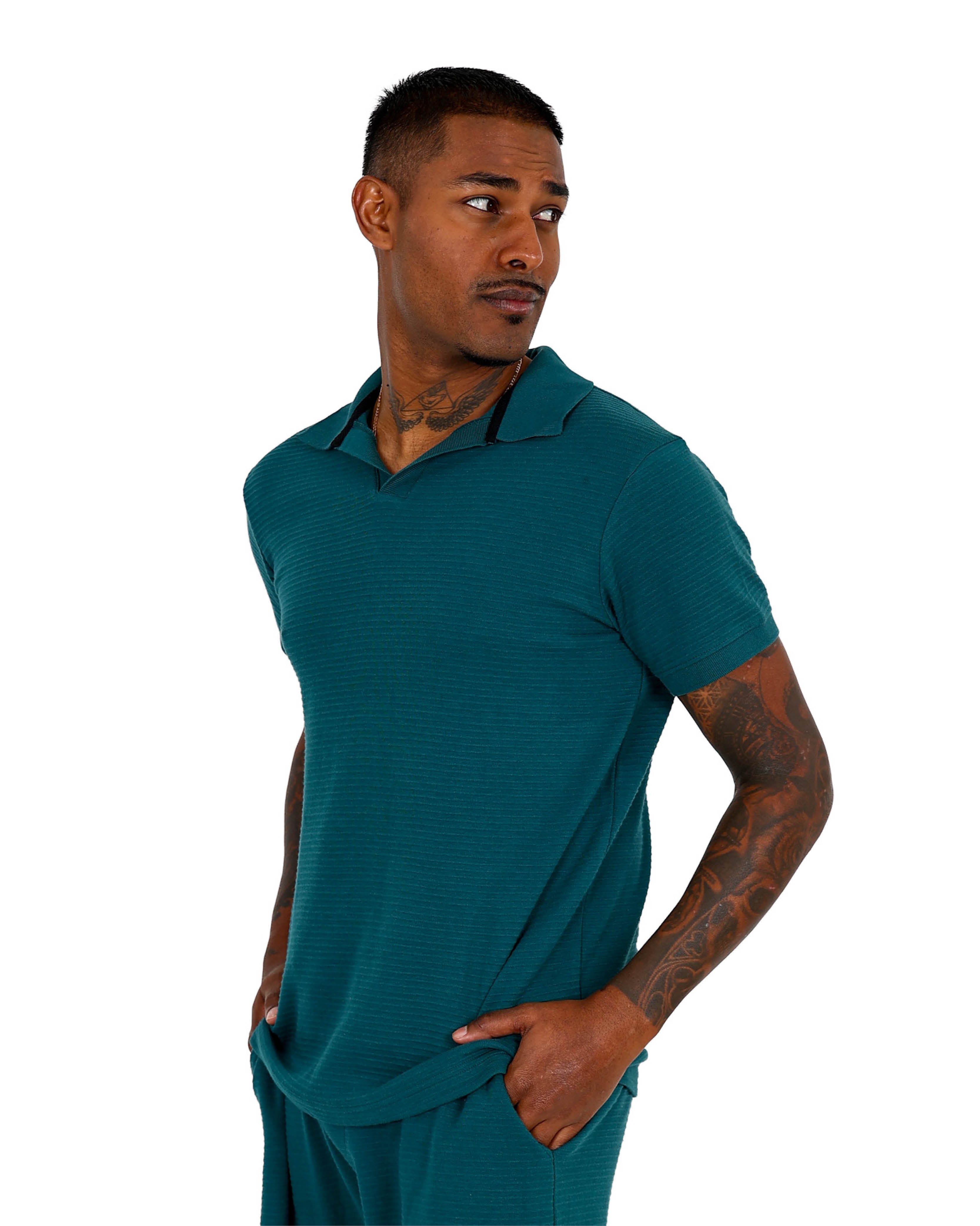 Short Sleeve Teal Ottoman Johnny Collar Top