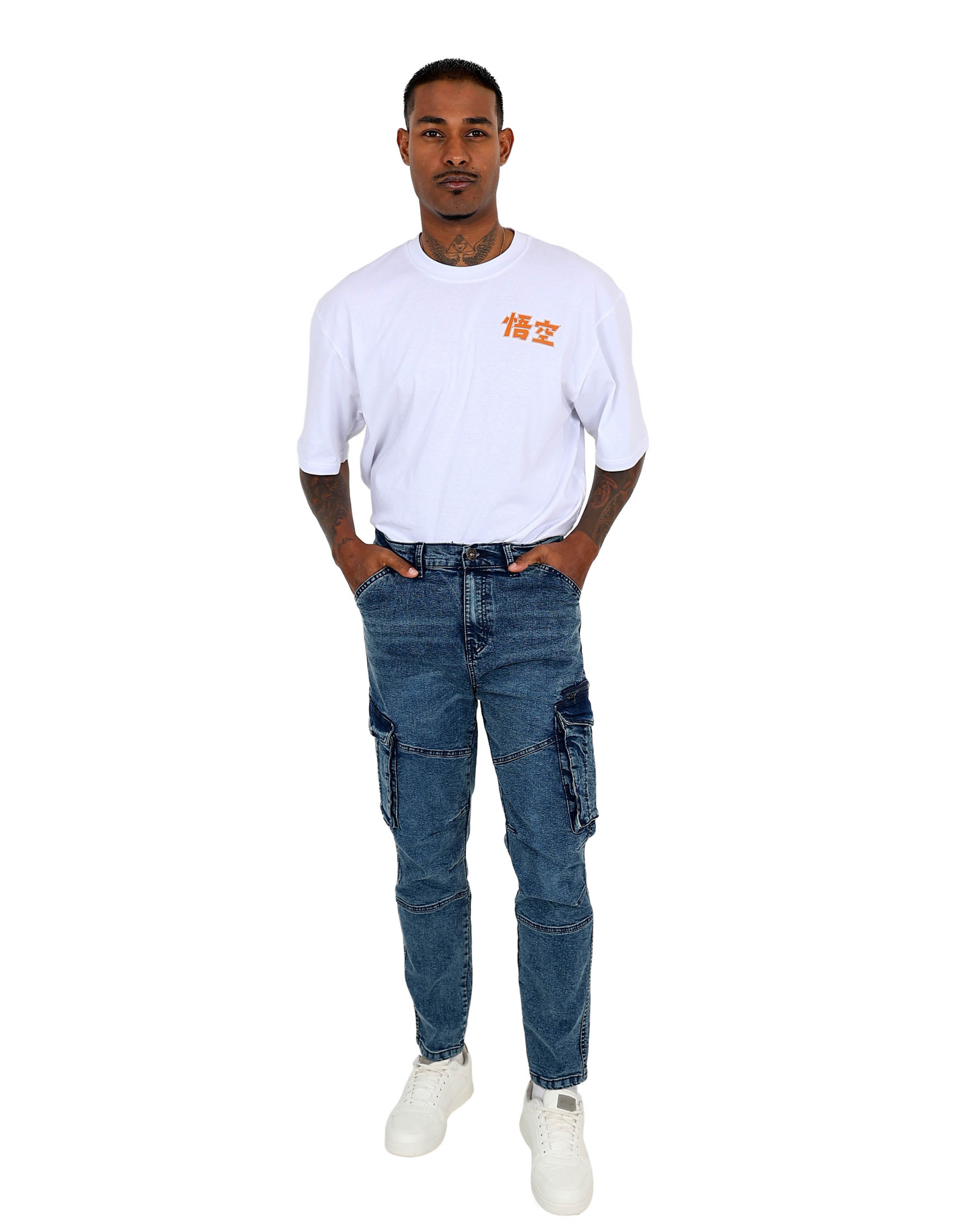 Indigo Acid Wash Skinny Fit Cargo Jeans