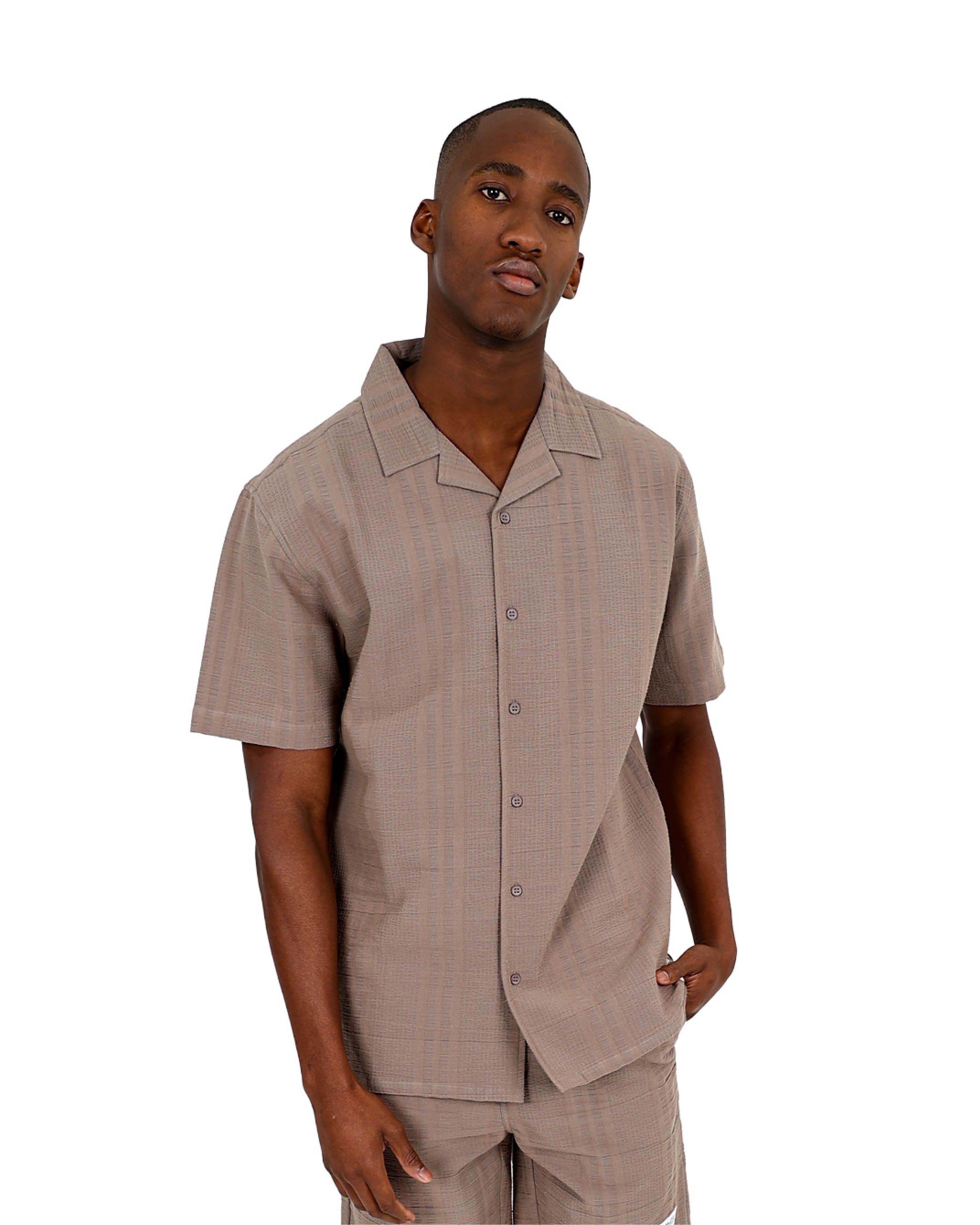 Short Sleeve Taupe Seersucker Summer Shirt