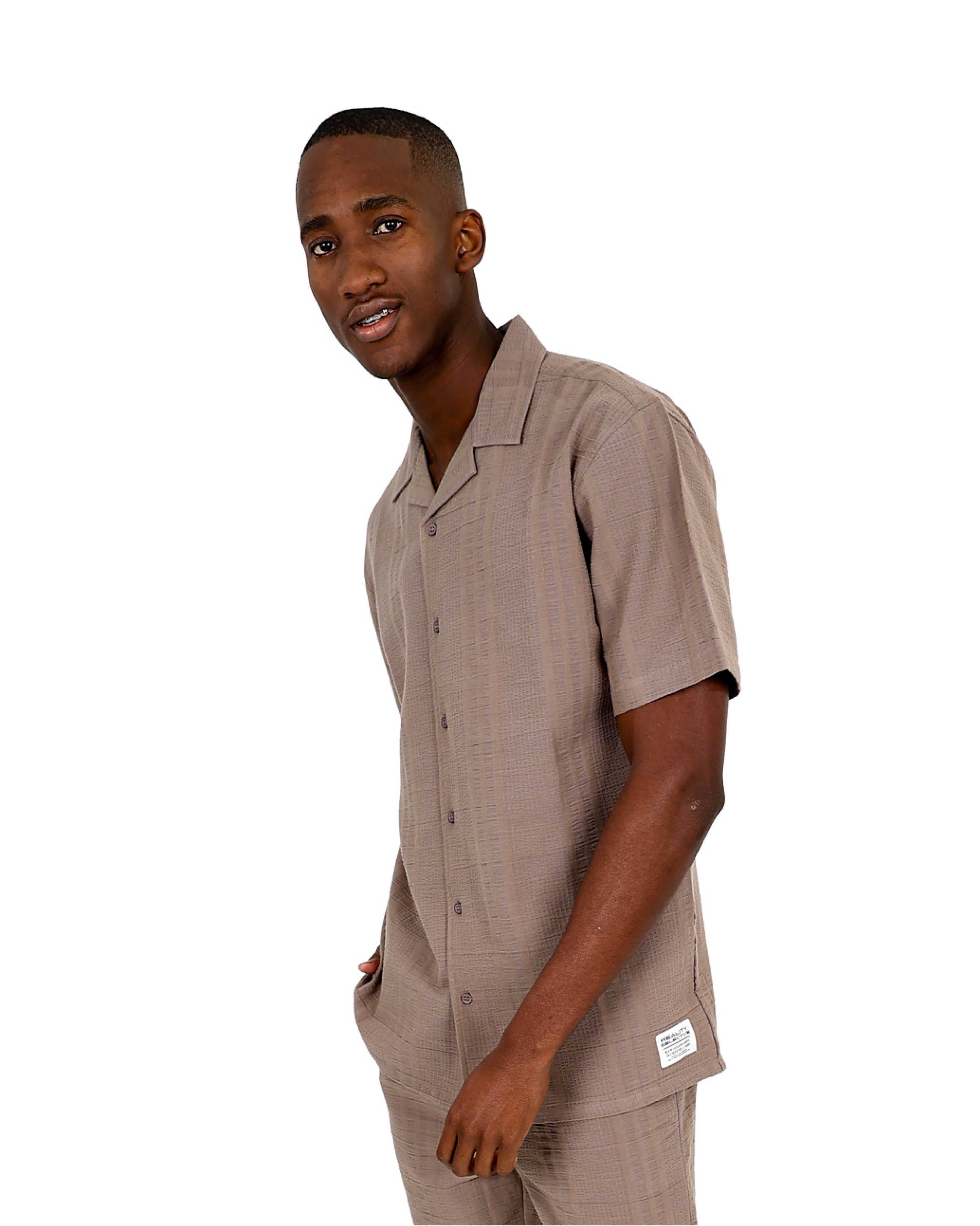 Short Sleeve Taupe Seersucker Summer Shirt