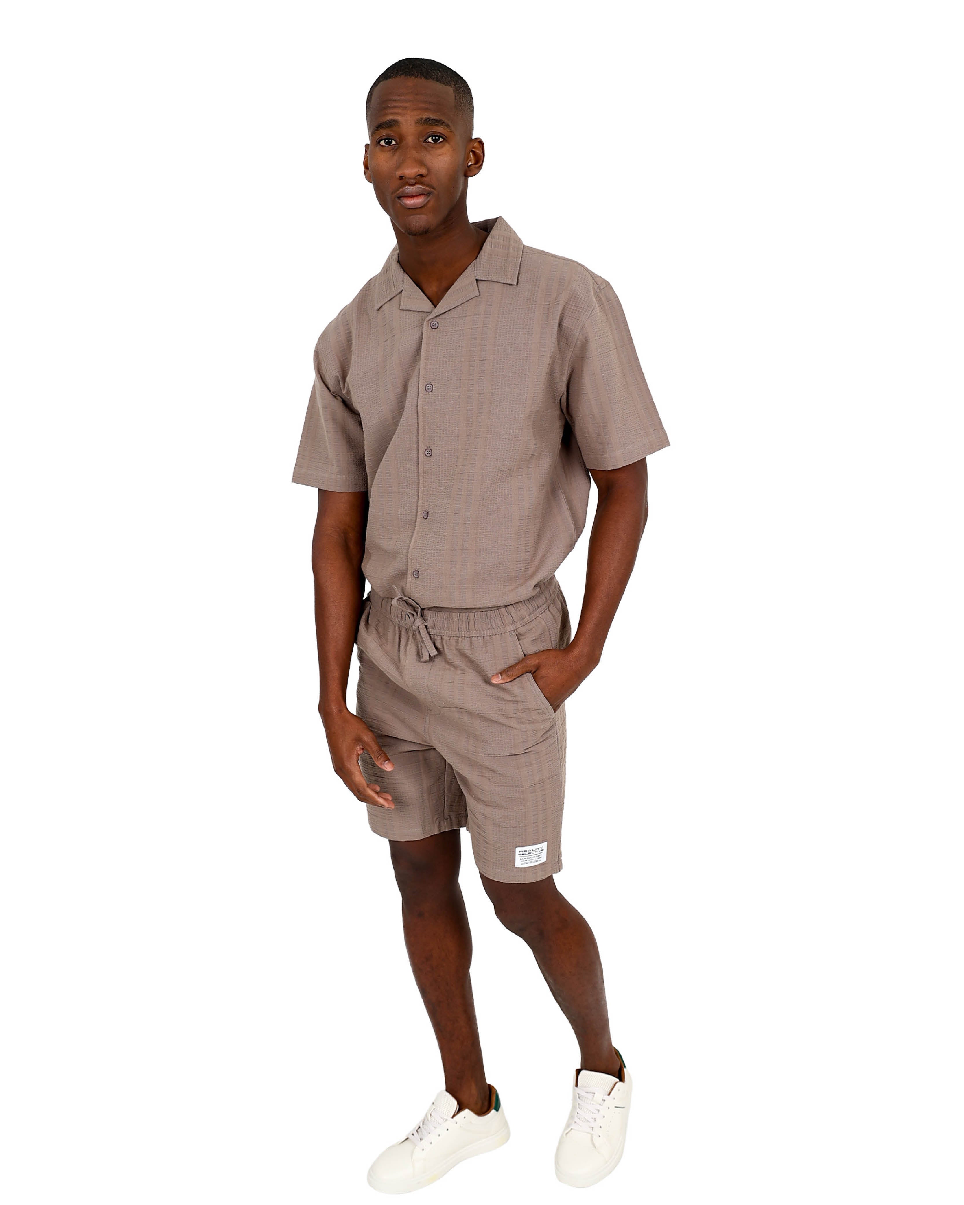 Taupe Seersucker Pull Up Resort Shorts