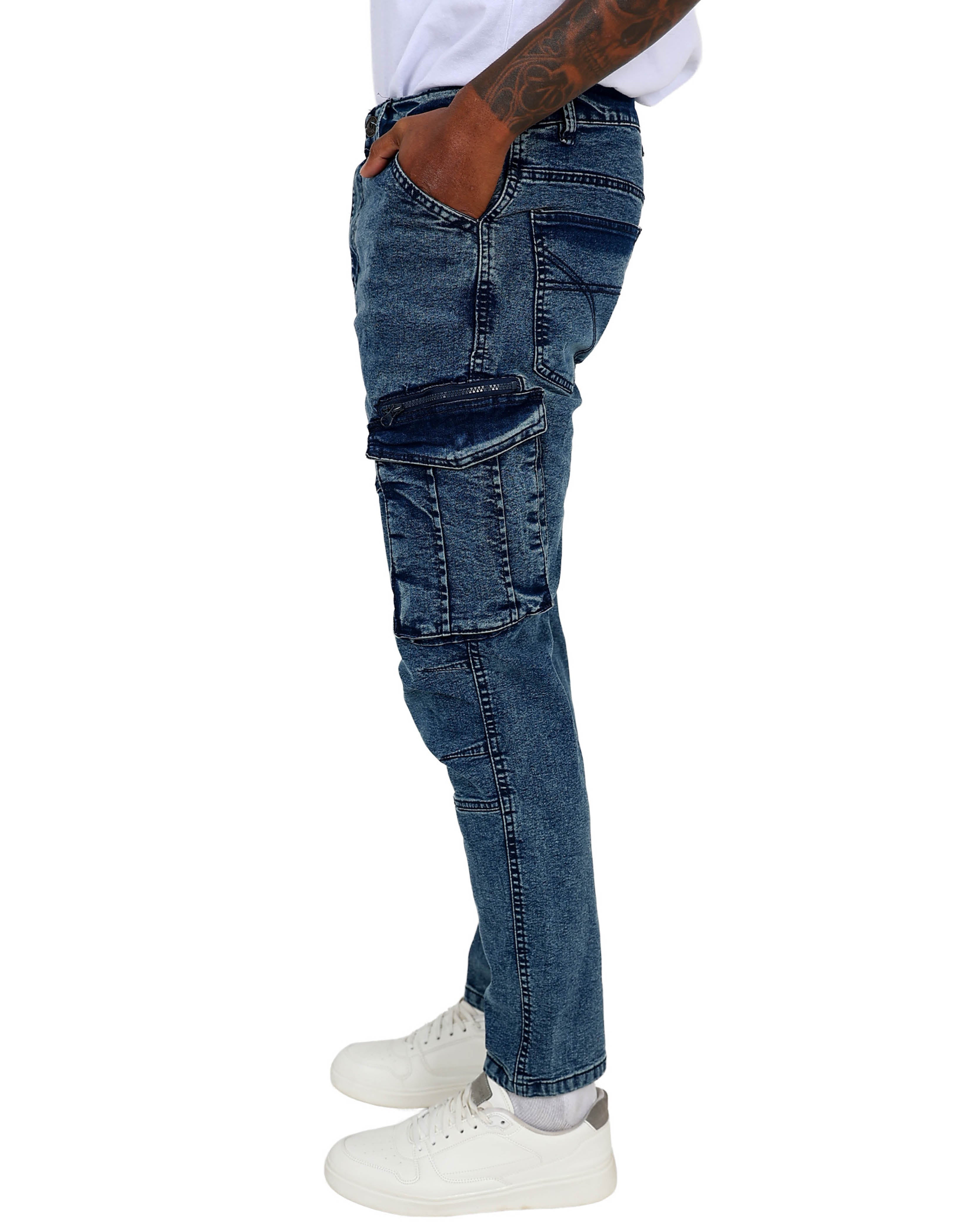 Indigo Acid Wash Skinny Fit Cargo Jeans