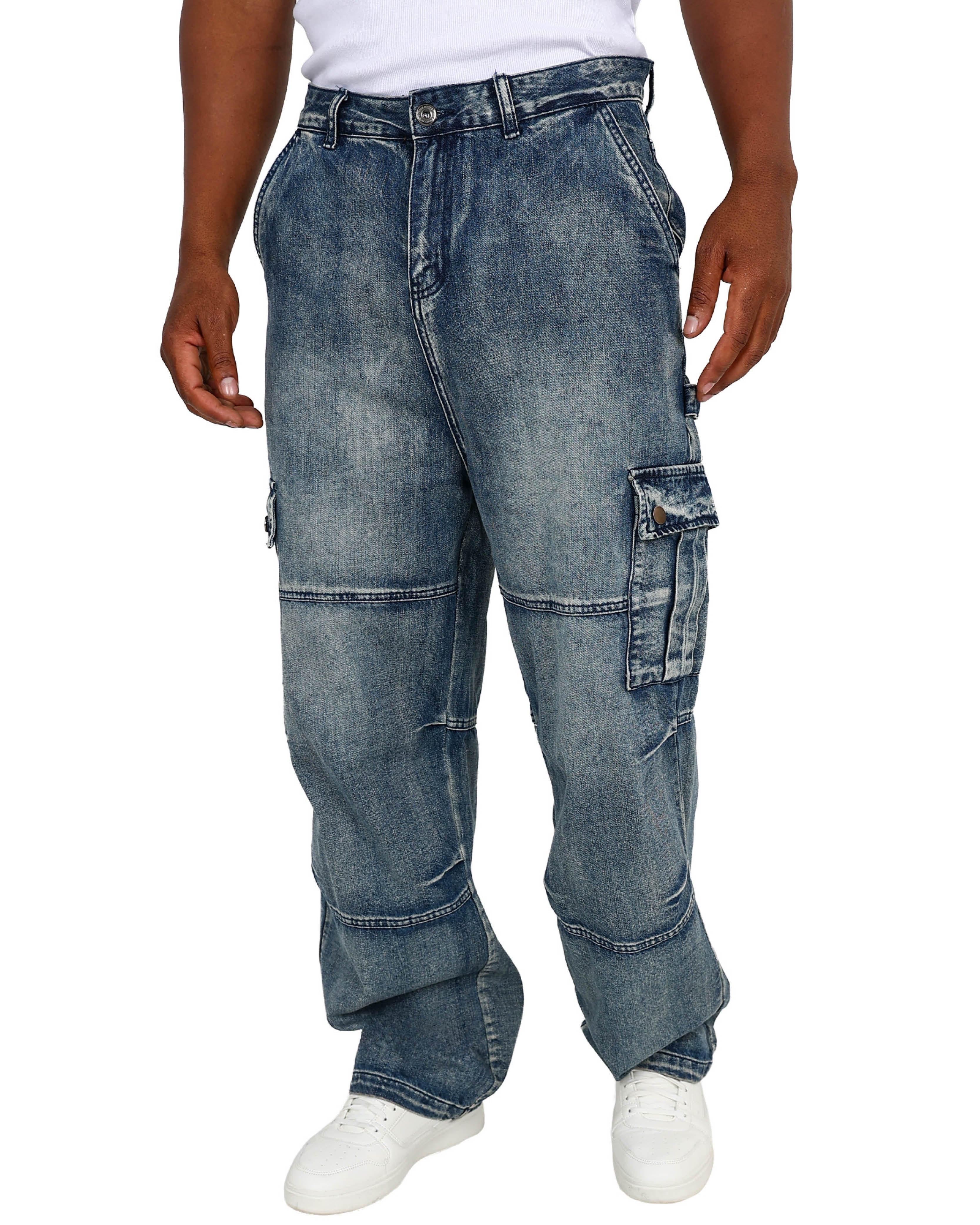 Blue Acid Wash Relaxed Fit Cargo Jeans