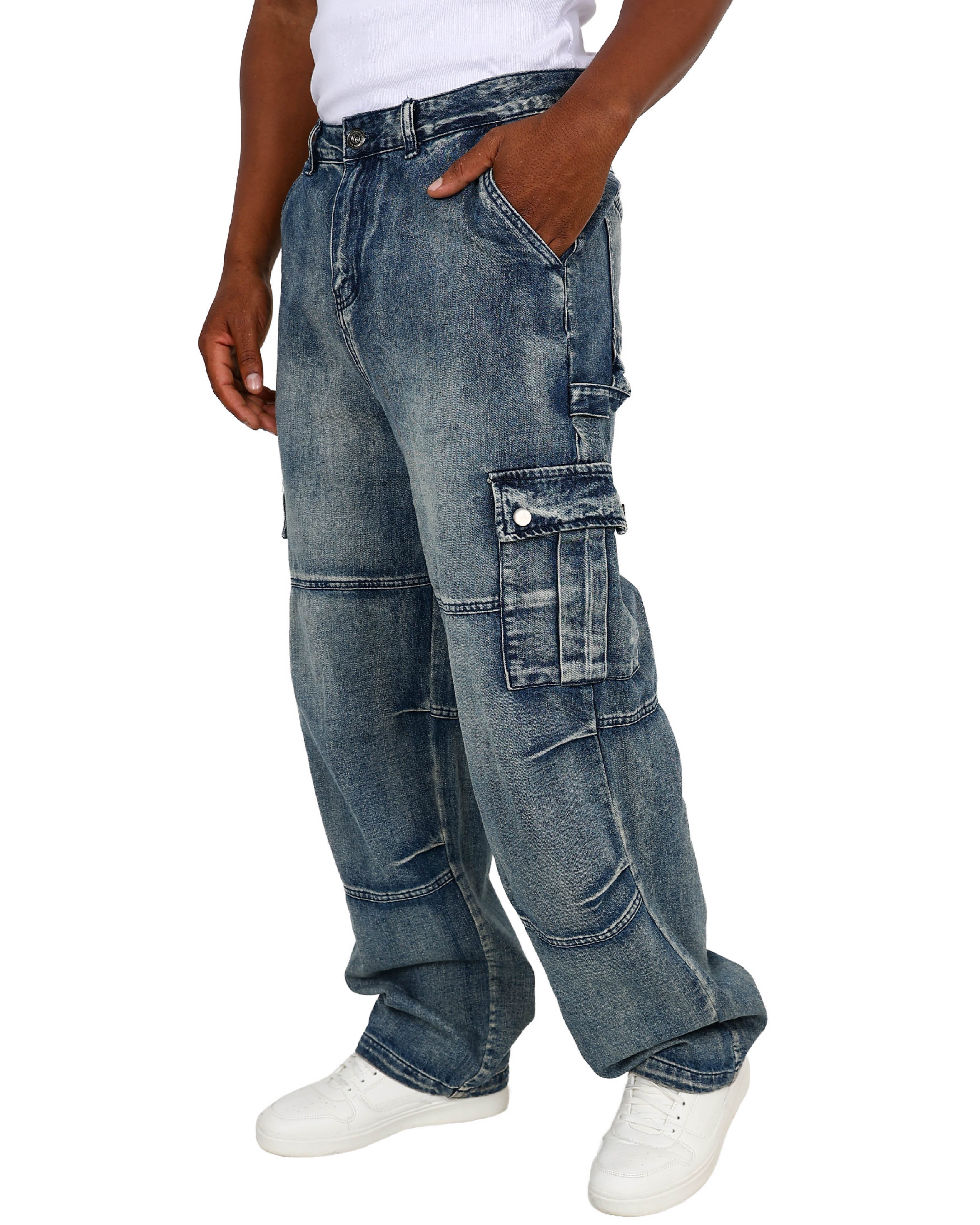 Blue Acid Wash Relaxed Fit Cargo Jeans