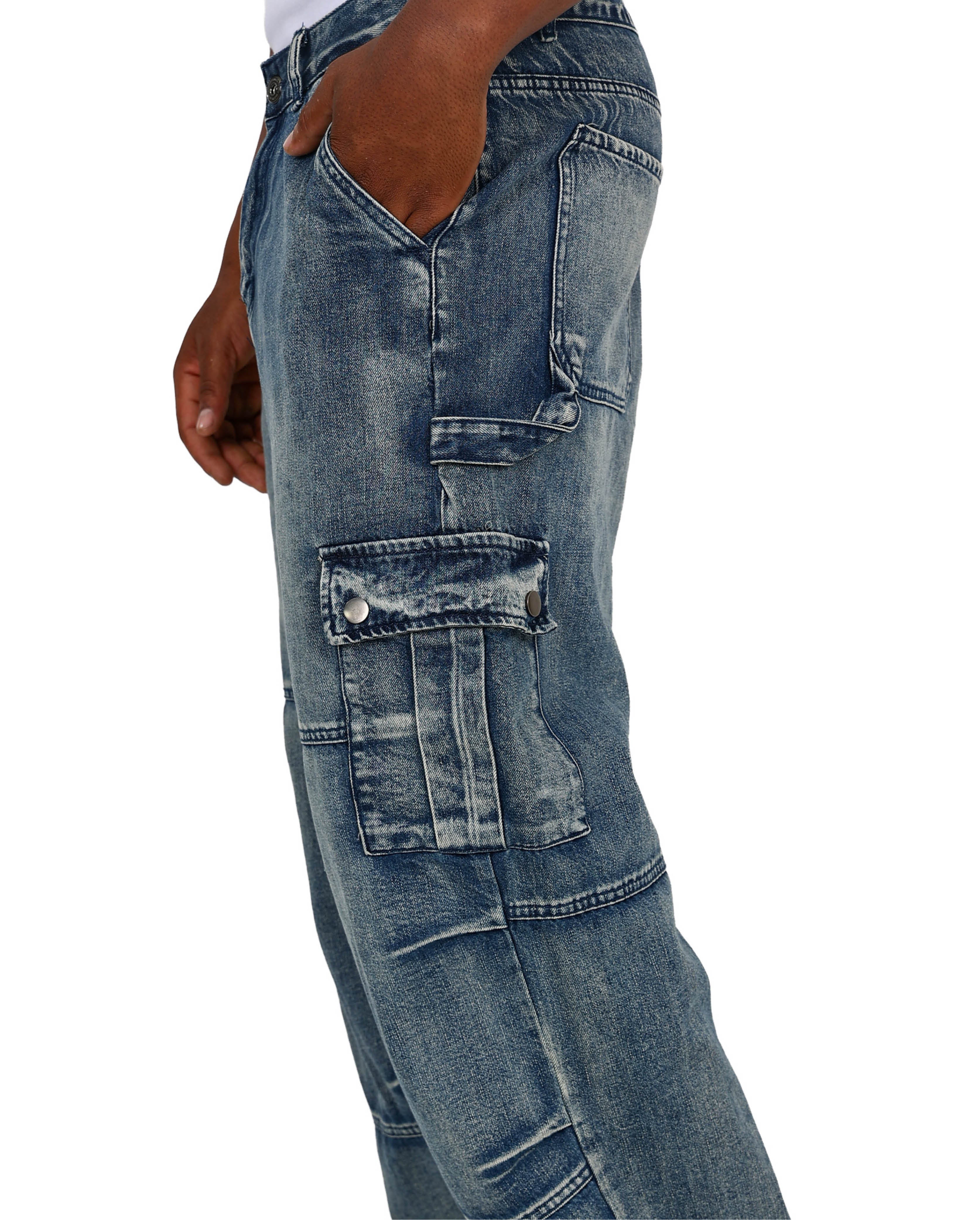 Blue Acid Wash Relaxed Fit Cargo Jeans
