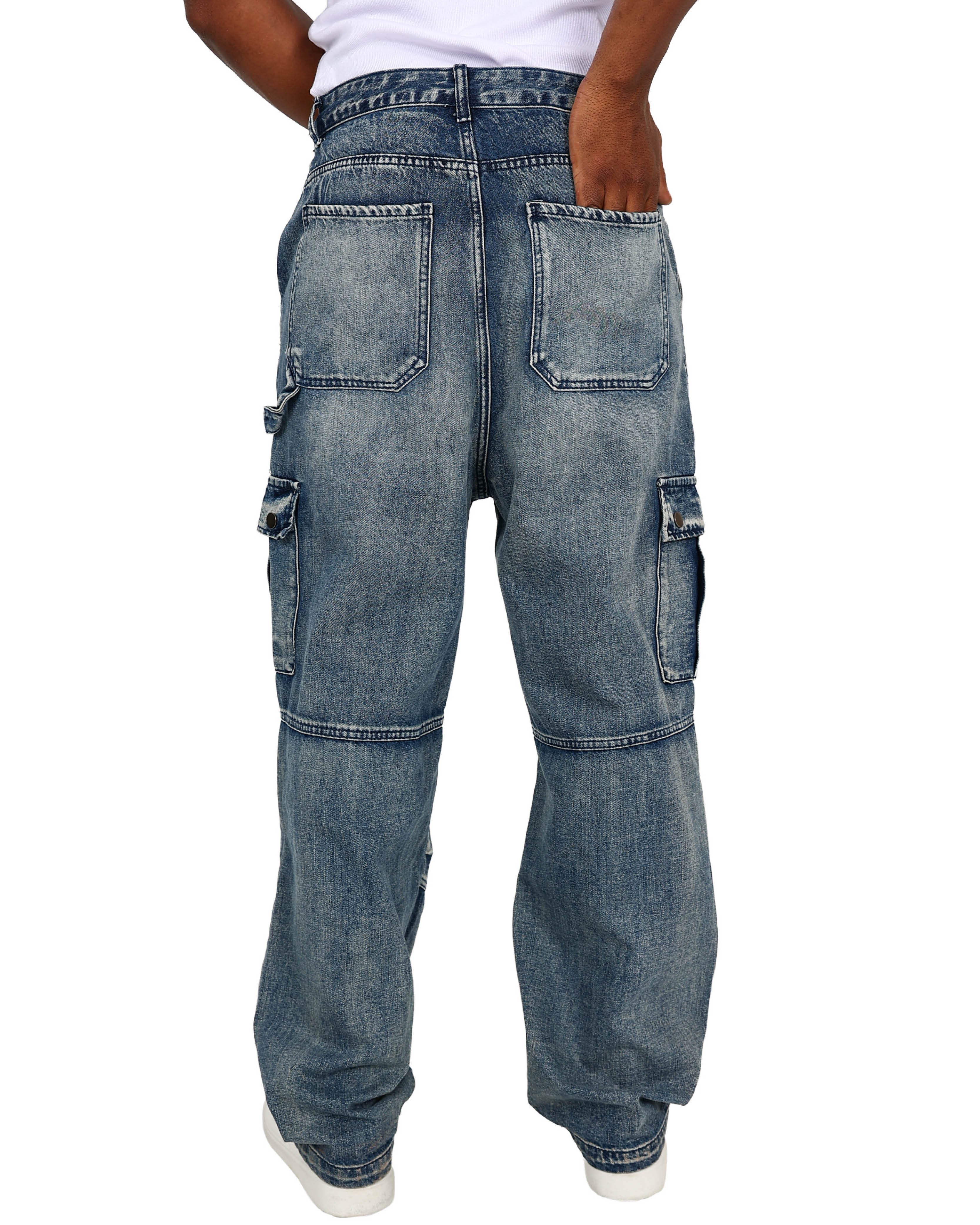 Blue Acid Wash Relaxed Fit Cargo Jeans