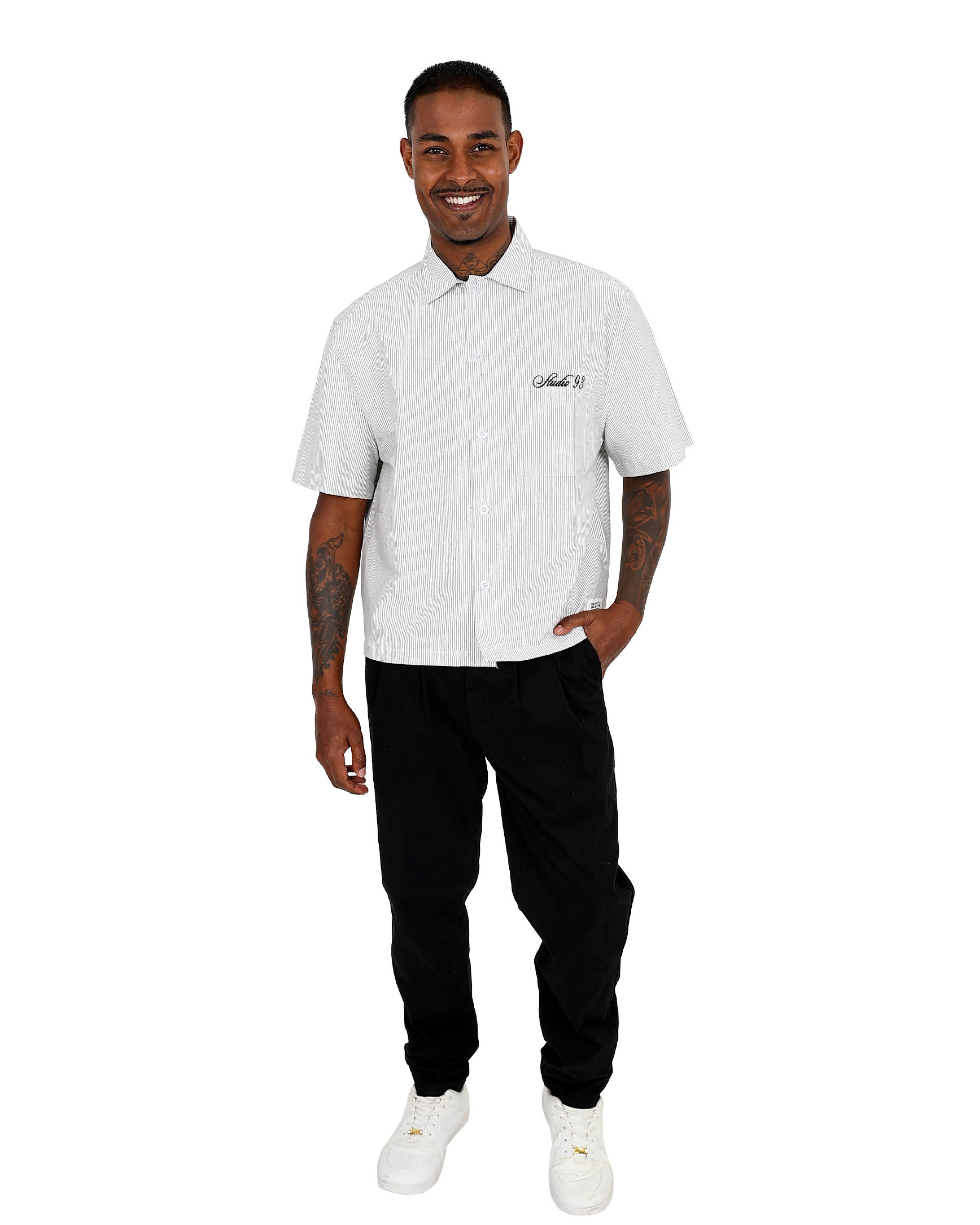 Short Sleeve Cream Stripe Boxy Graphic Shirt