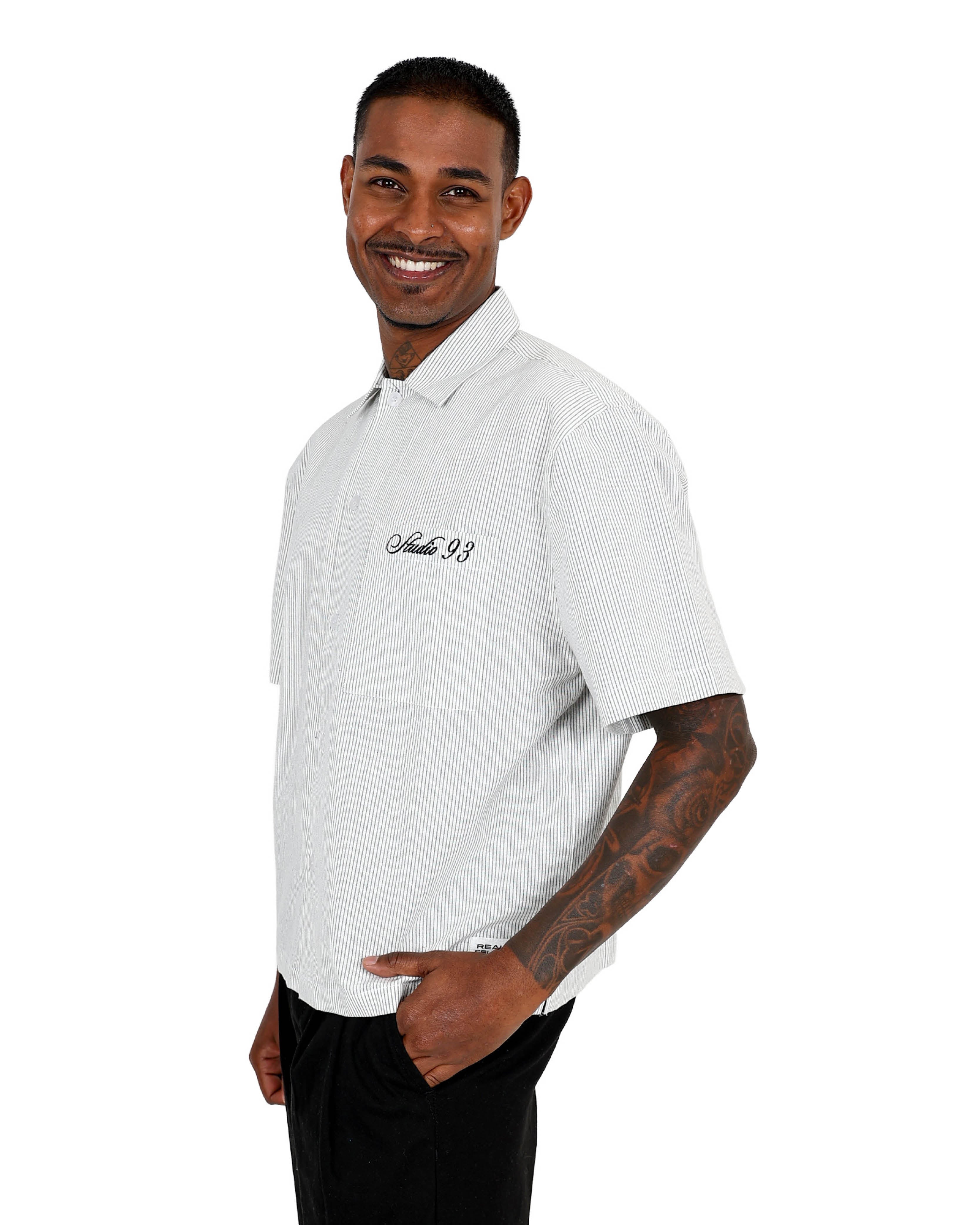 Short Sleeve Cream Stripe Boxy Graphic Shirt