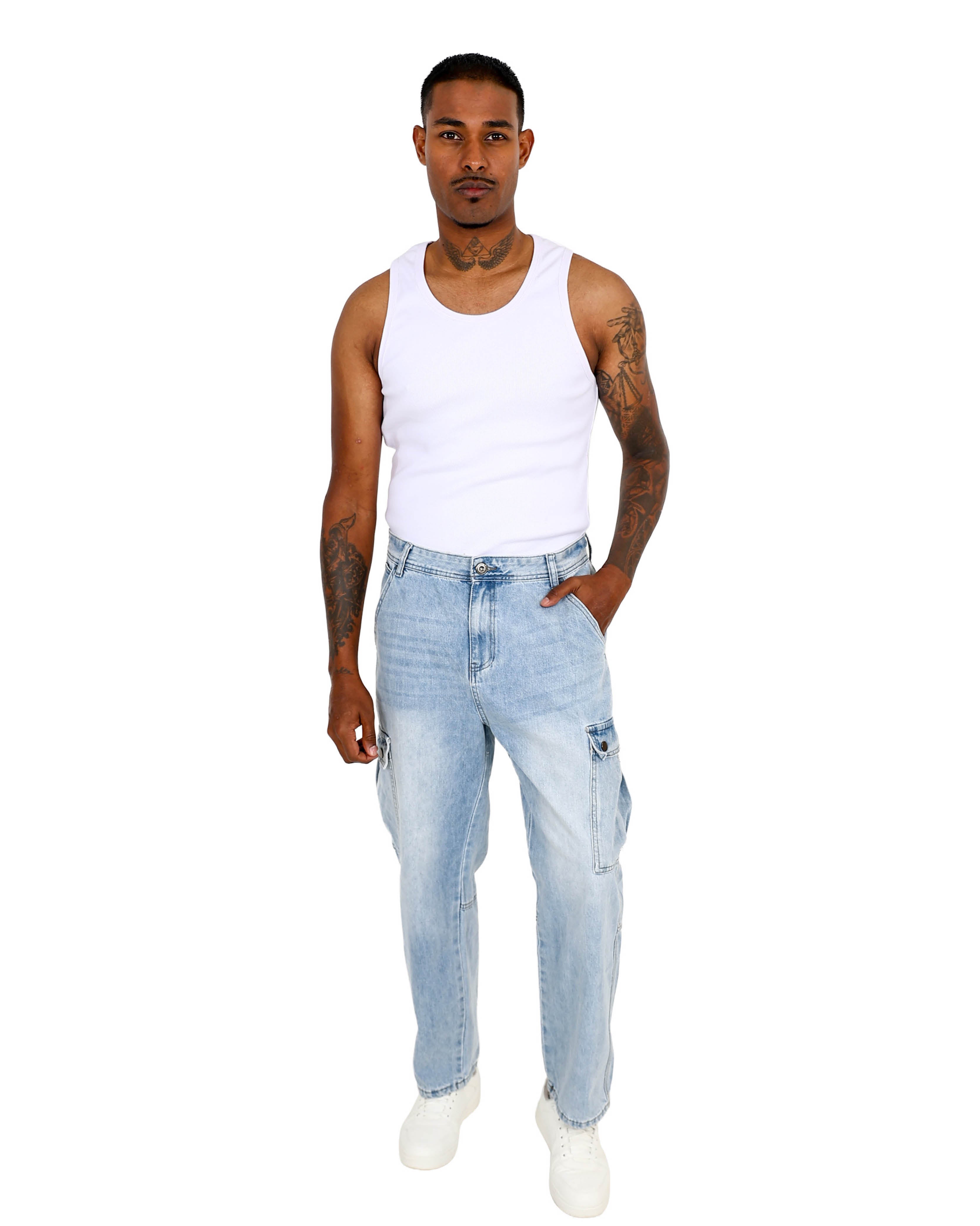 Light Indigo Relaxed Fit Cargo Jeans