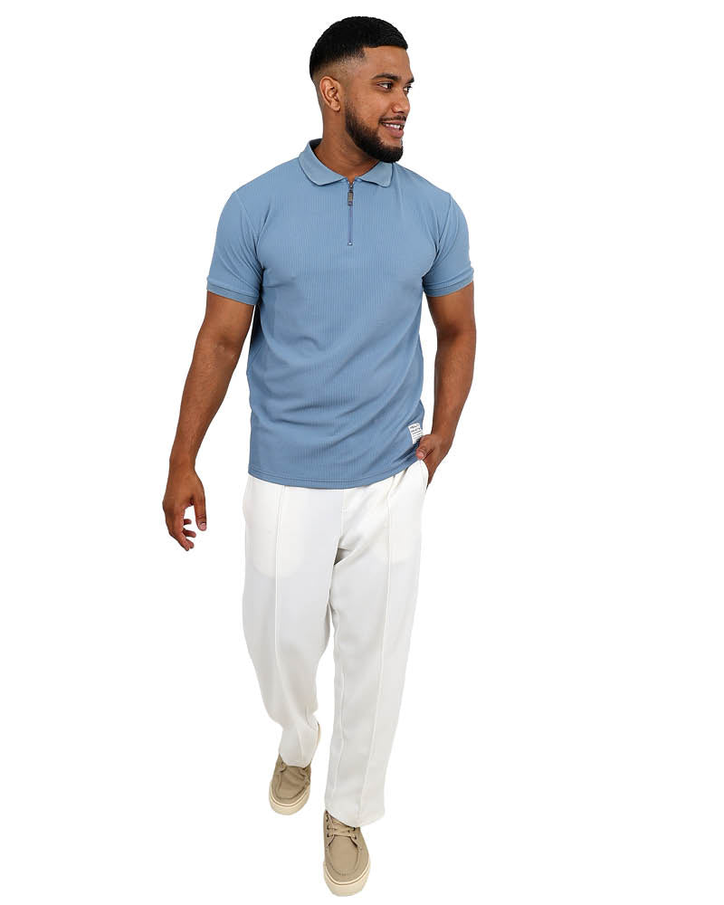 Short Sleeve Blue Textured Zip Up Golfer