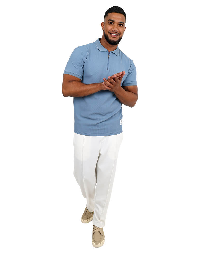 Short Sleeve Blue Textured Zip Up Golfer