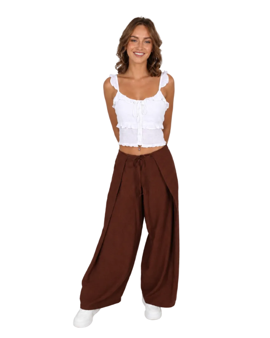 Brown Mock Wrap Wide Leg Crepe Pants