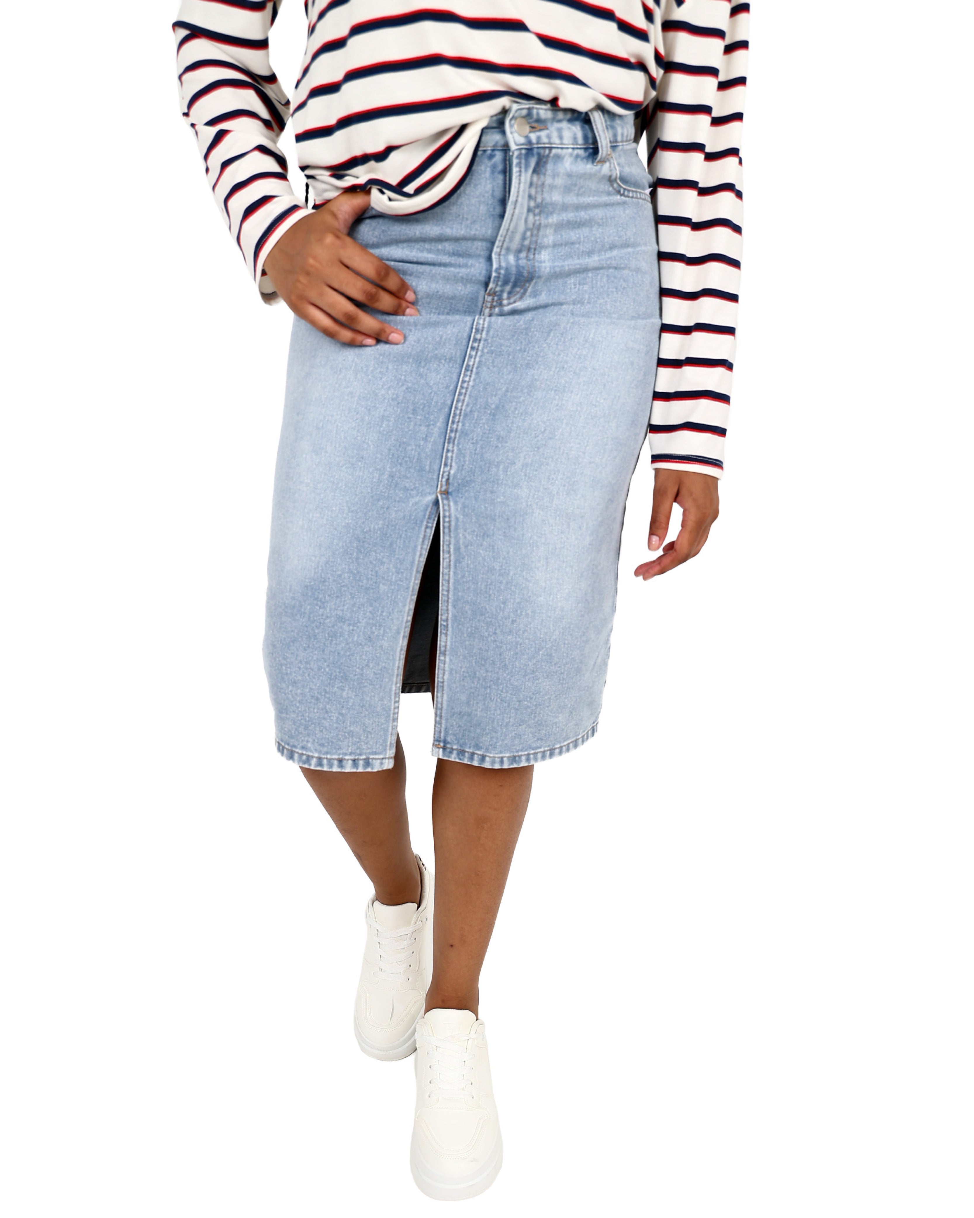 Light Indigo Denim Midi Skirt