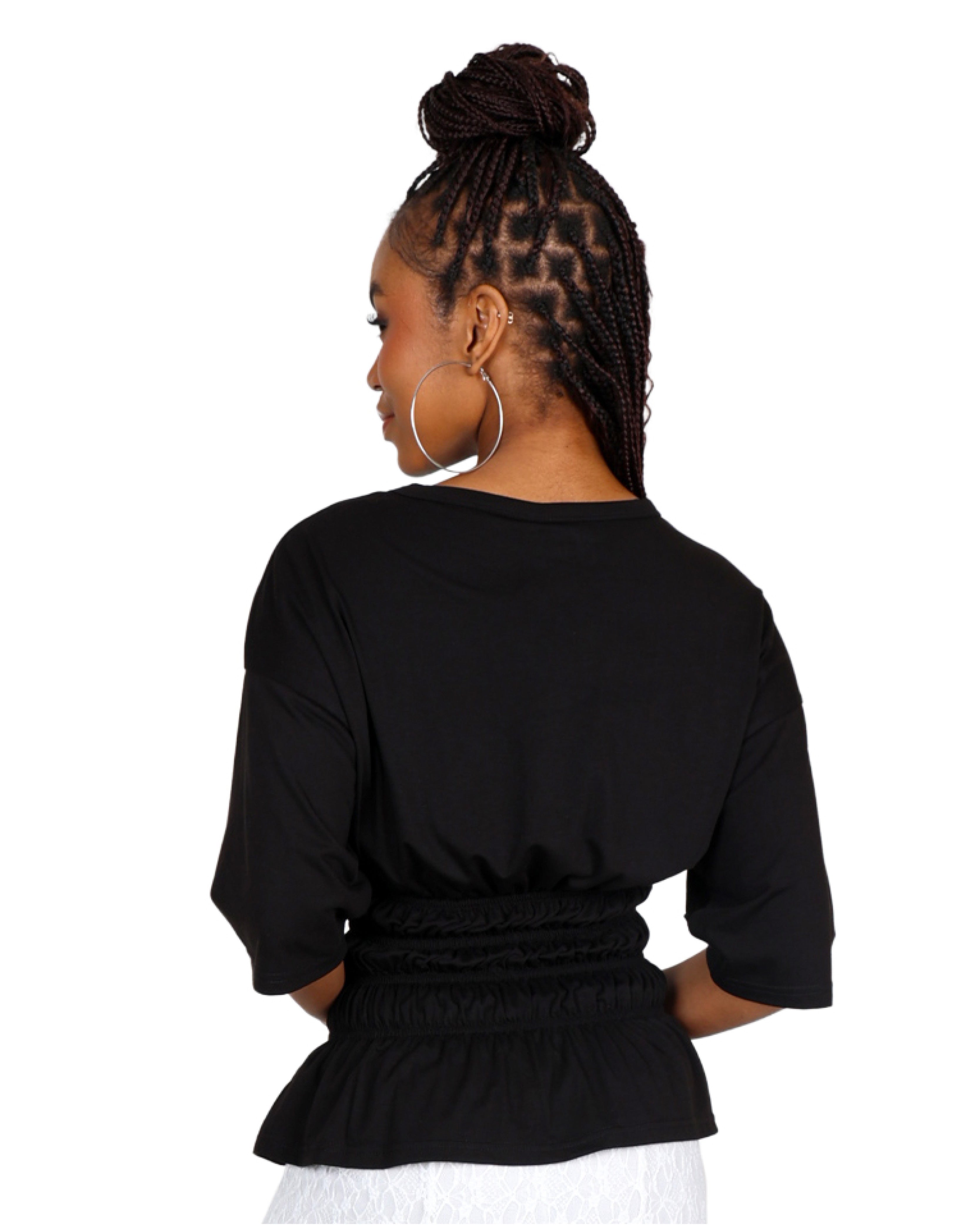 3/4 Sleeve Black Smocked Waist Short Sleeve Top