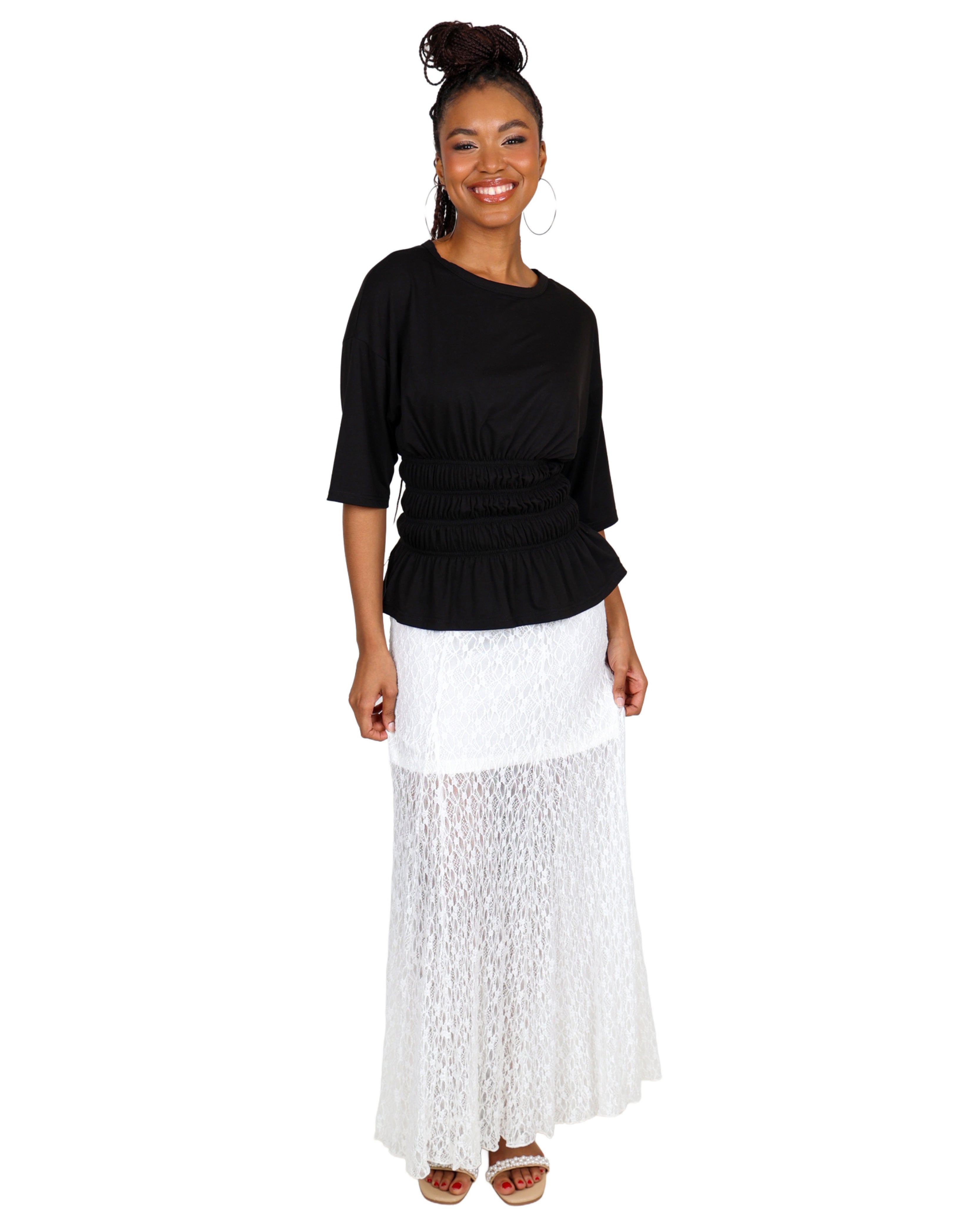 3/4 Sleeve Black Smocked Waist Short Sleeve Top