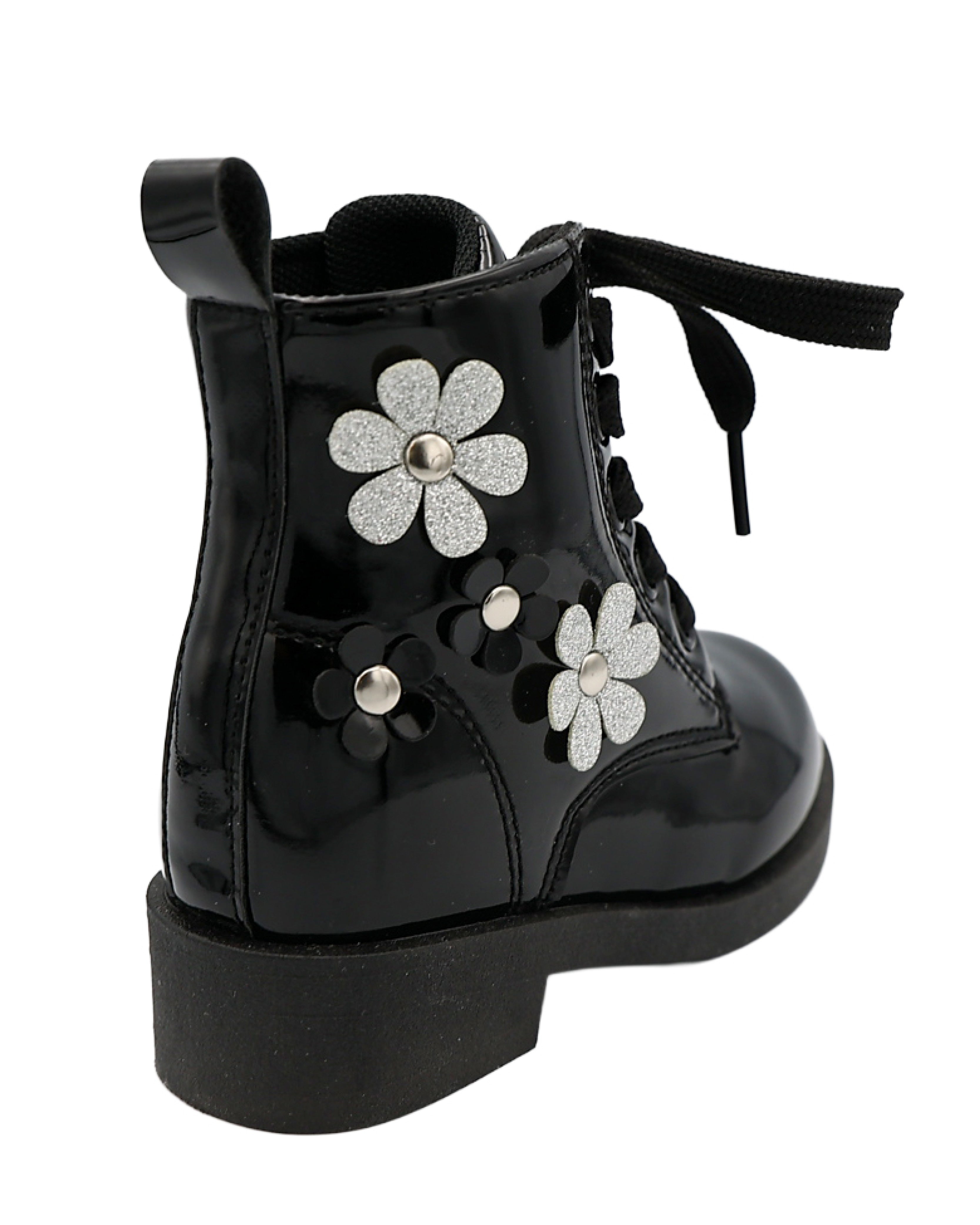 Girls Daisy Applique Black Lace Up Worker Boot