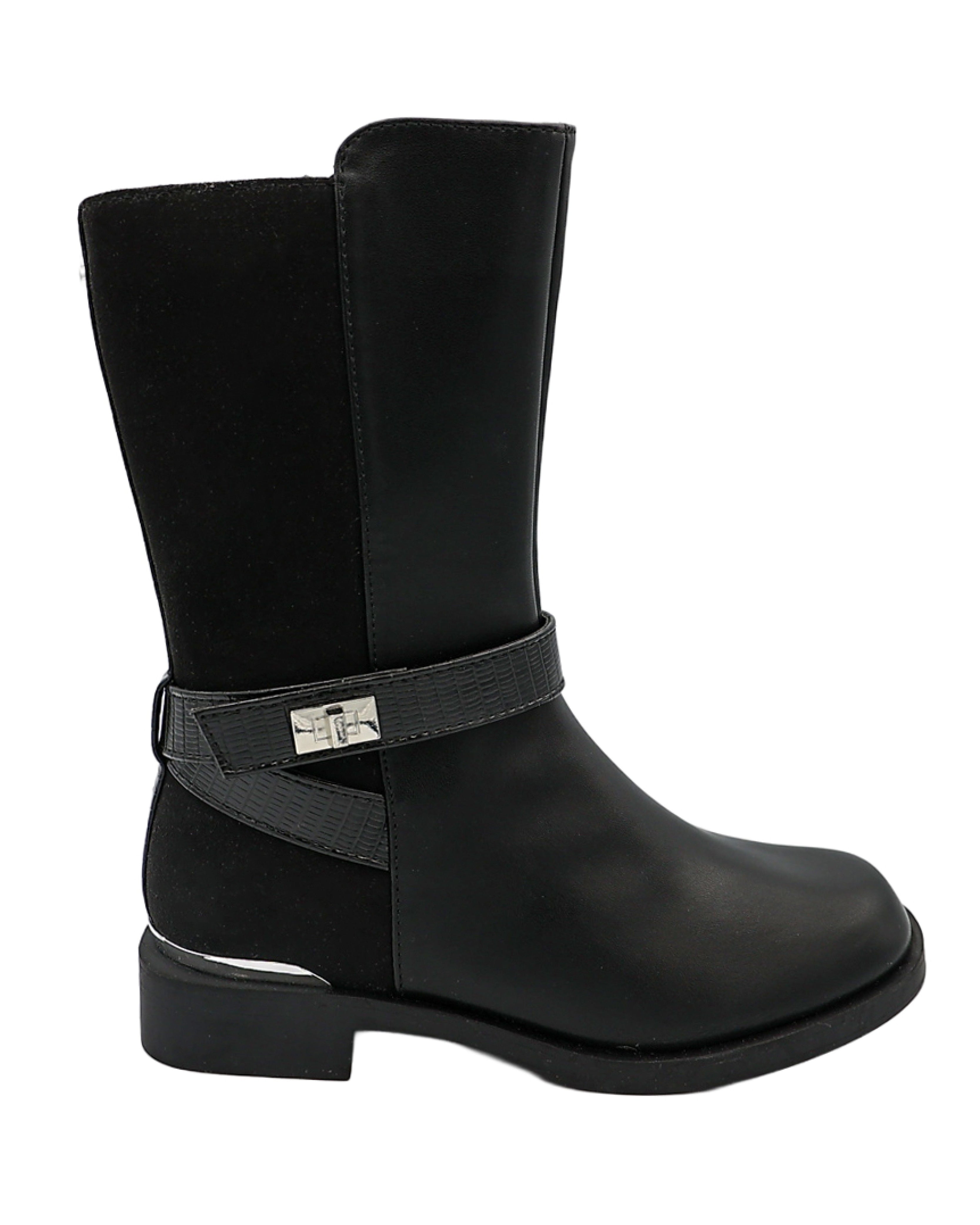 Girls Black Wrap Strap Mid Calf Boots