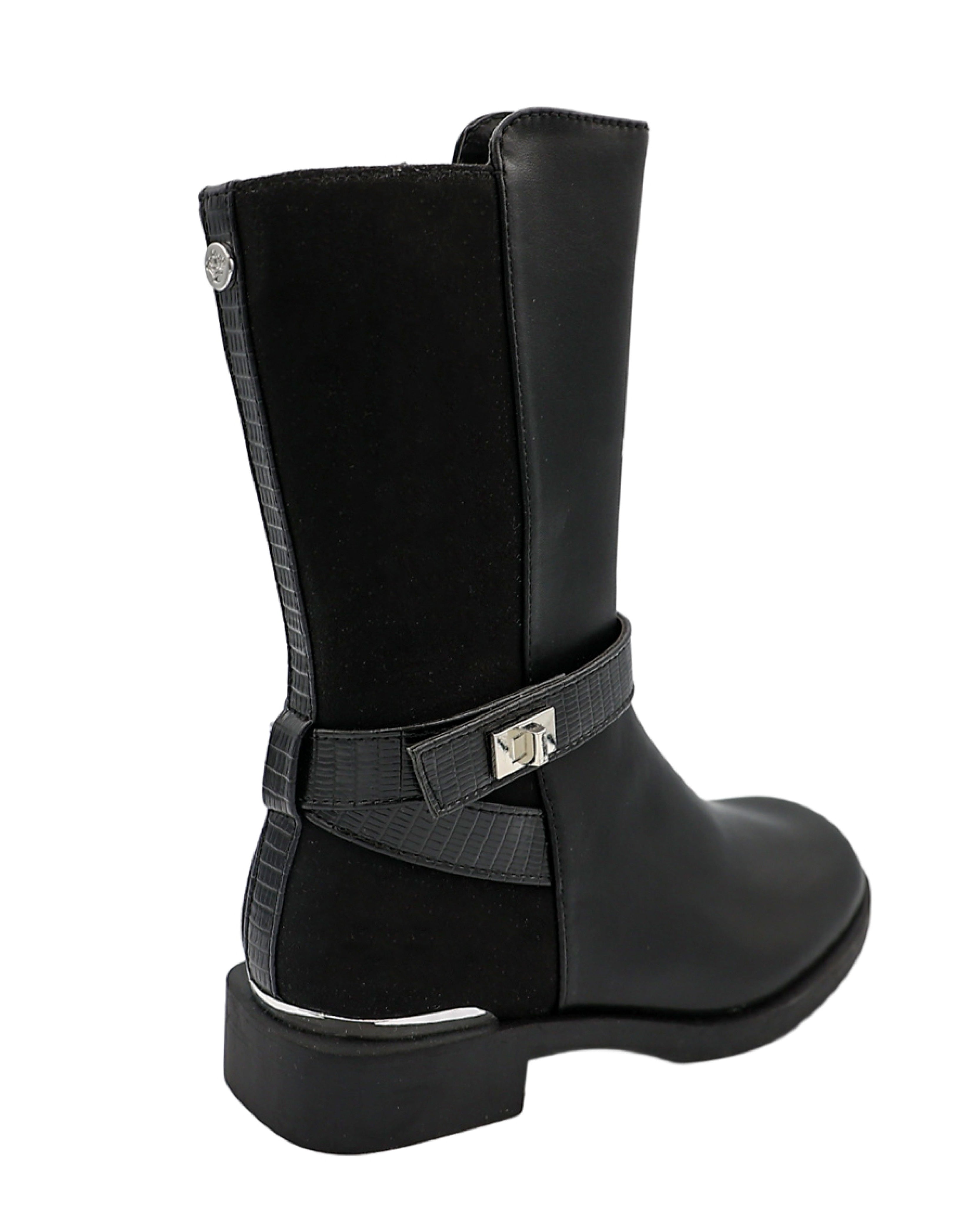 Girls Black Wrap Strap Mid Calf Boots