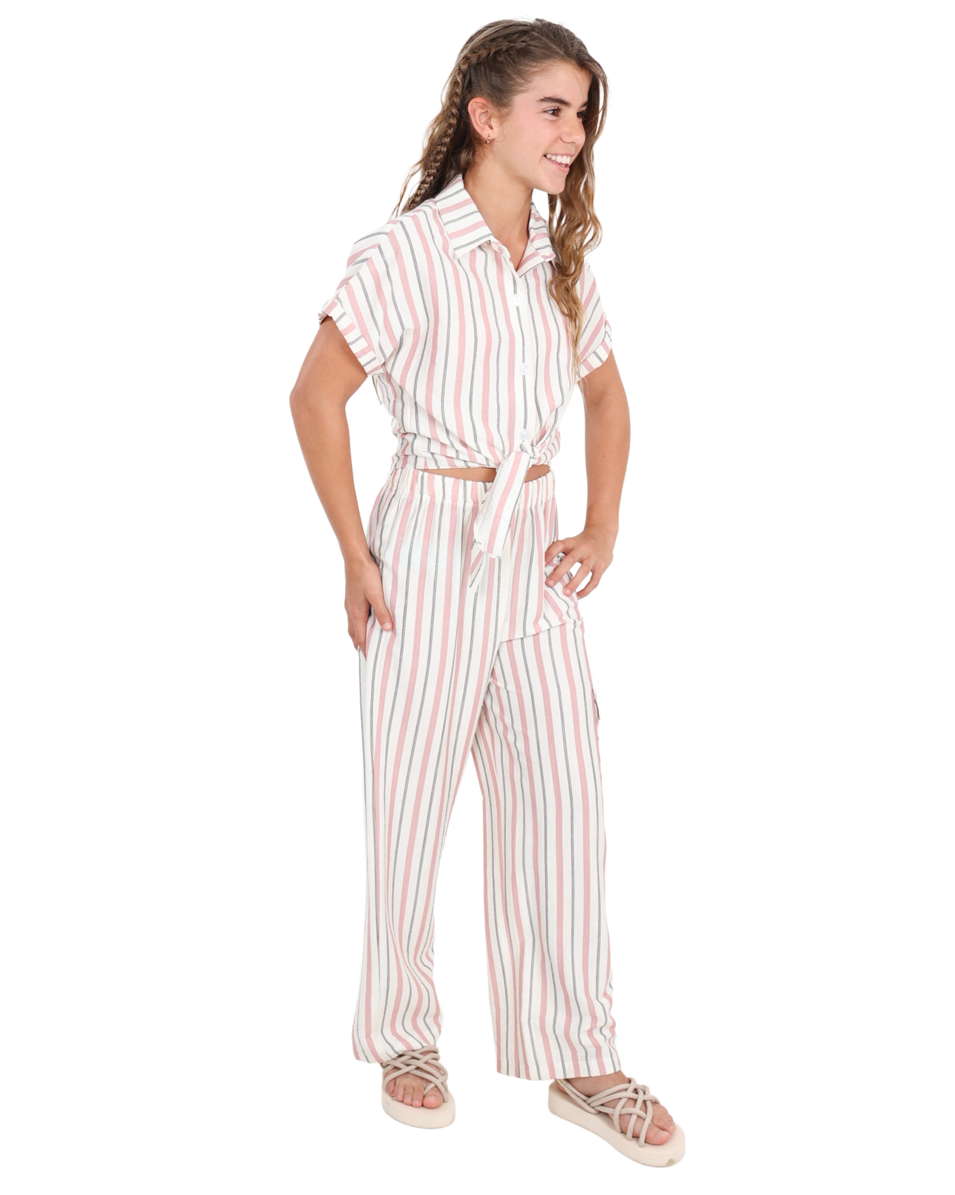 Short Sleeve Tie Front Striped Shirt