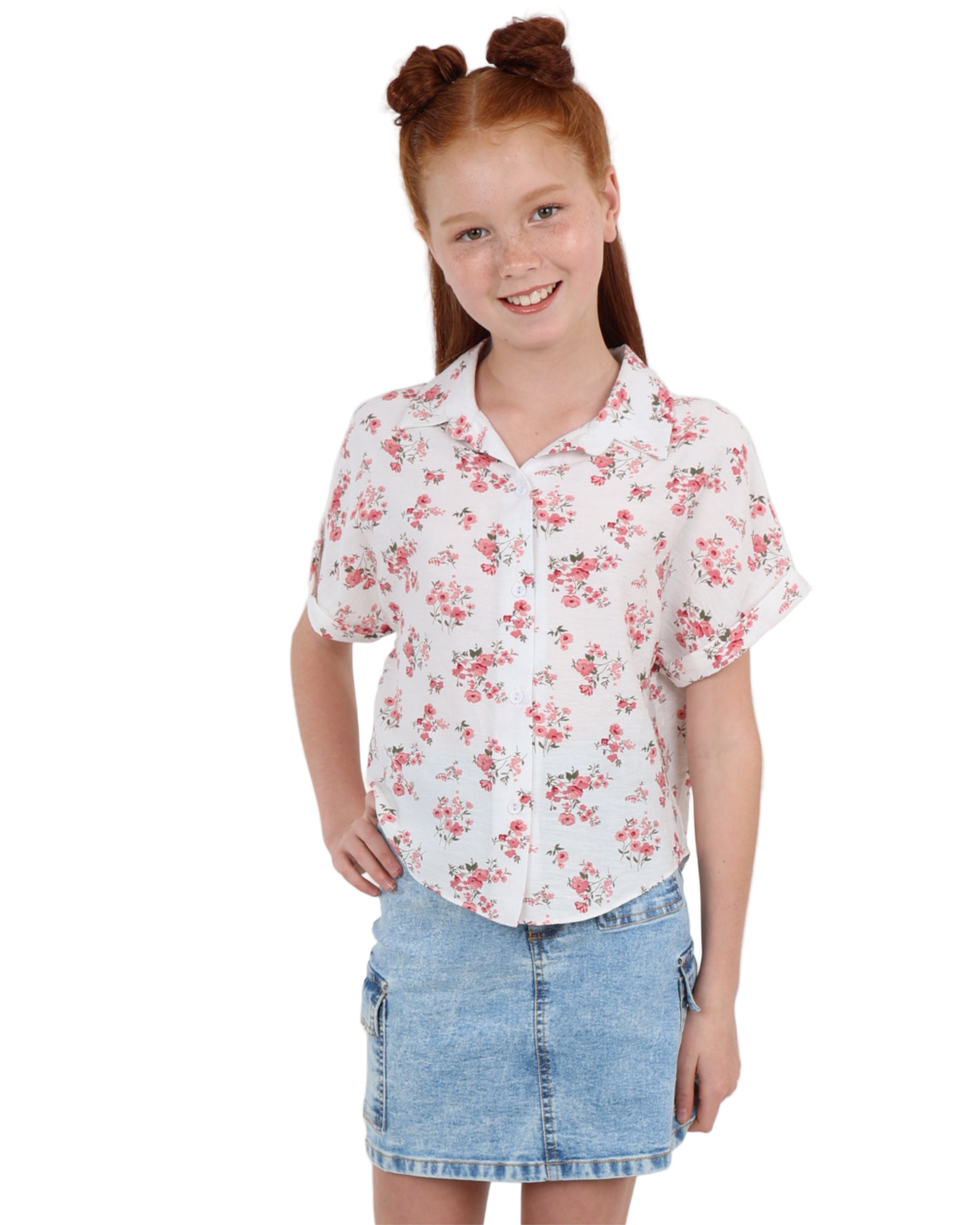 Button Up Short Sleeve Floral Print Blouse